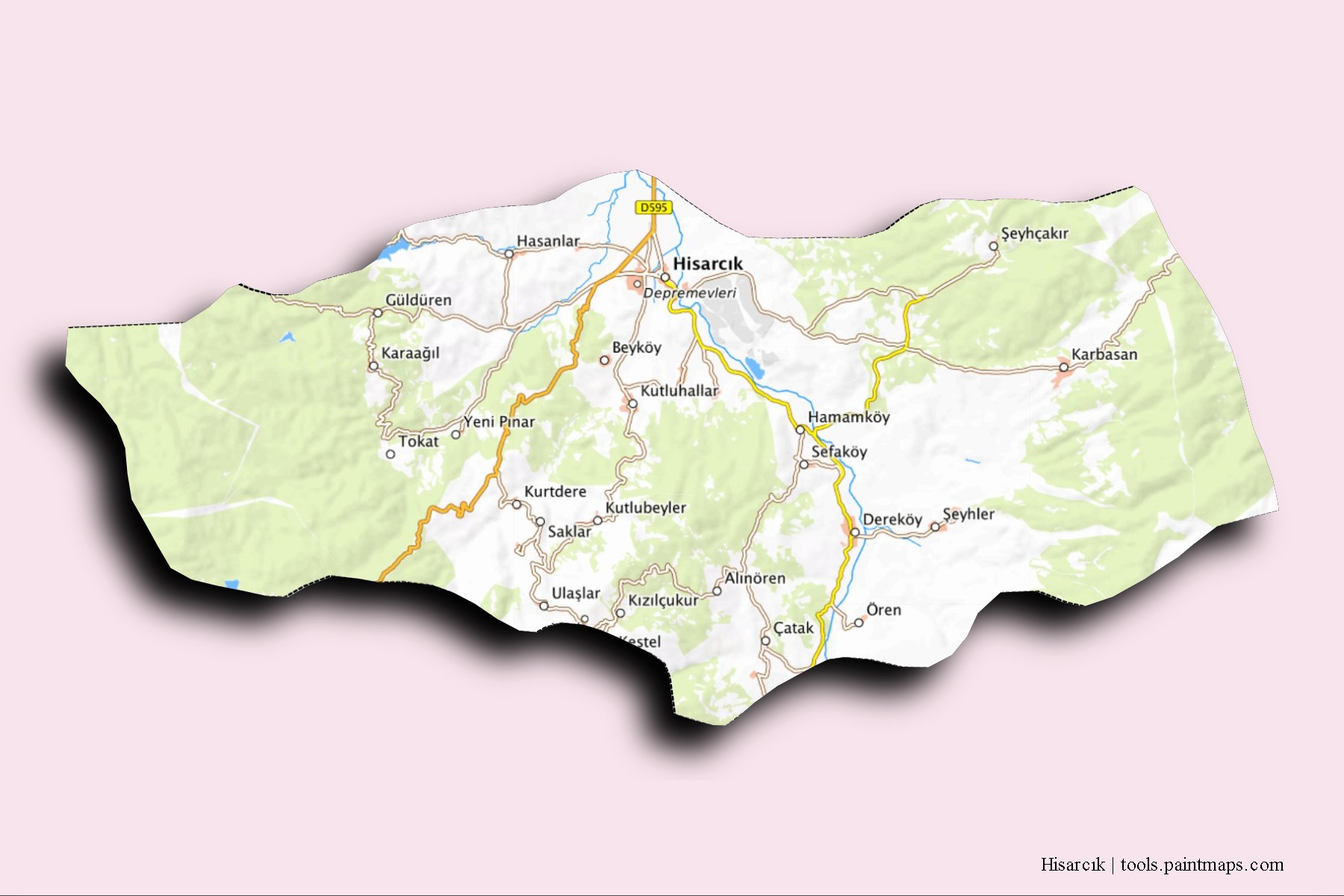 Mapa de barrios y pueblos de Hisarcık con efecto de sombra 3D