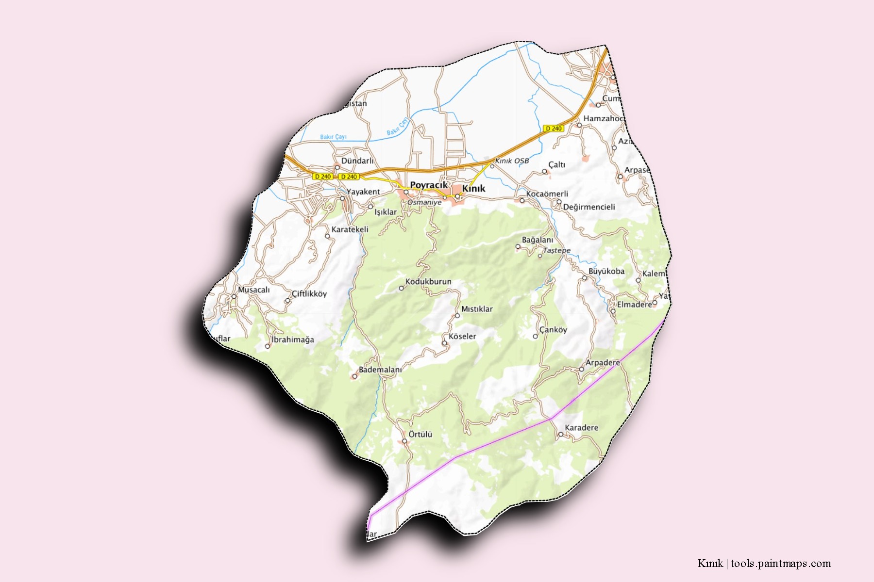 Mapa de barrios y pueblos de Kınık con efecto de sombra 3D