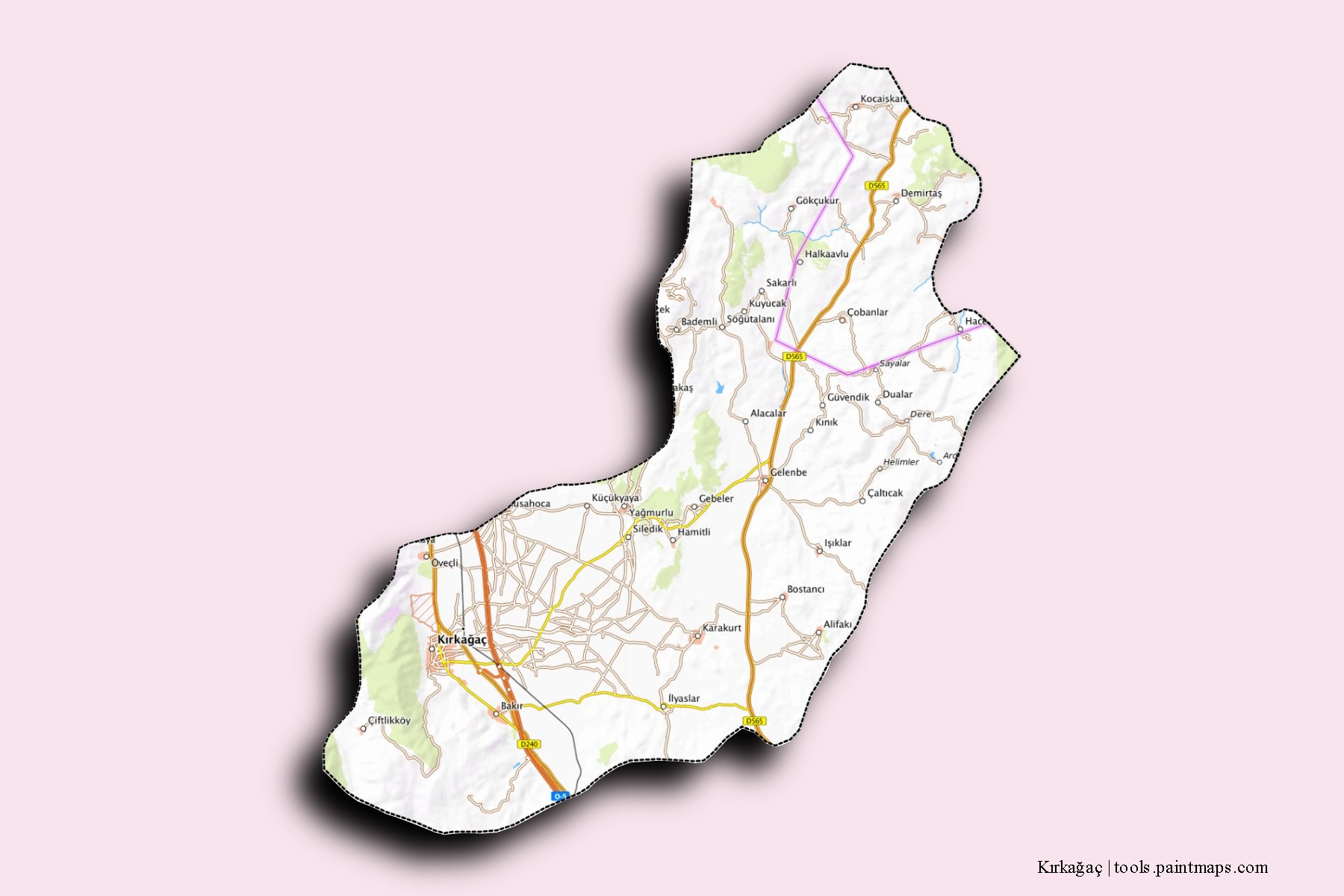 Mapa de barrios y pueblos de Kırkağaç con efecto de sombra 3D