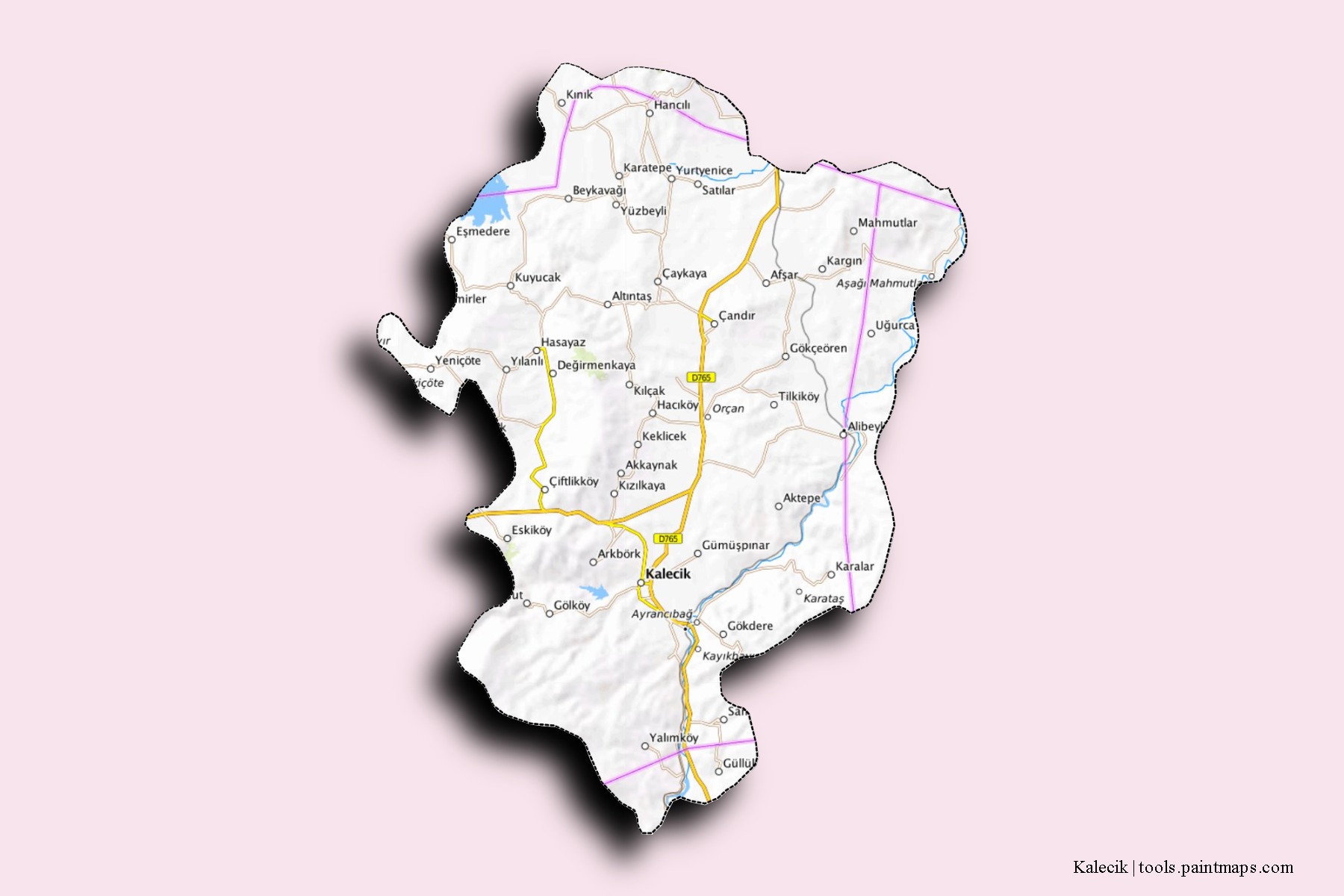 Mapa de barrios y pueblos de Kalecik con efecto de sombra 3D