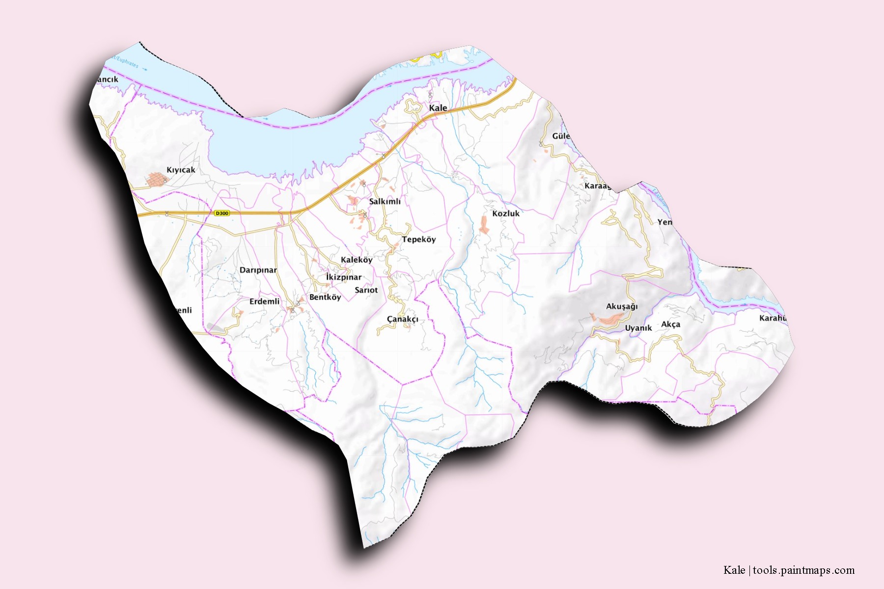 Mapa de barrios y pueblos de Kale con efecto de sombra 3D