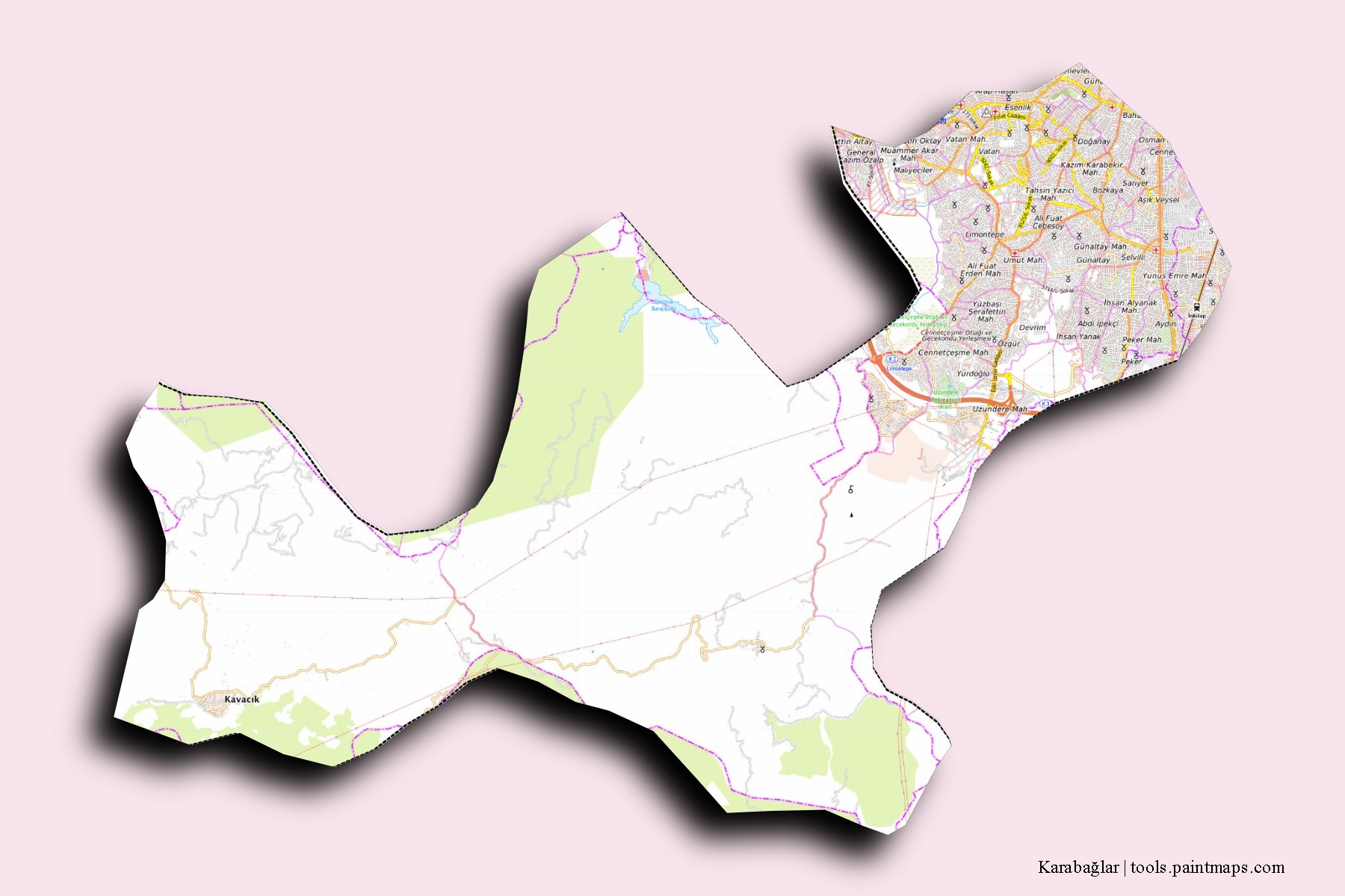 Karabağlar neighborhoods and villages map with 3D shadow effect