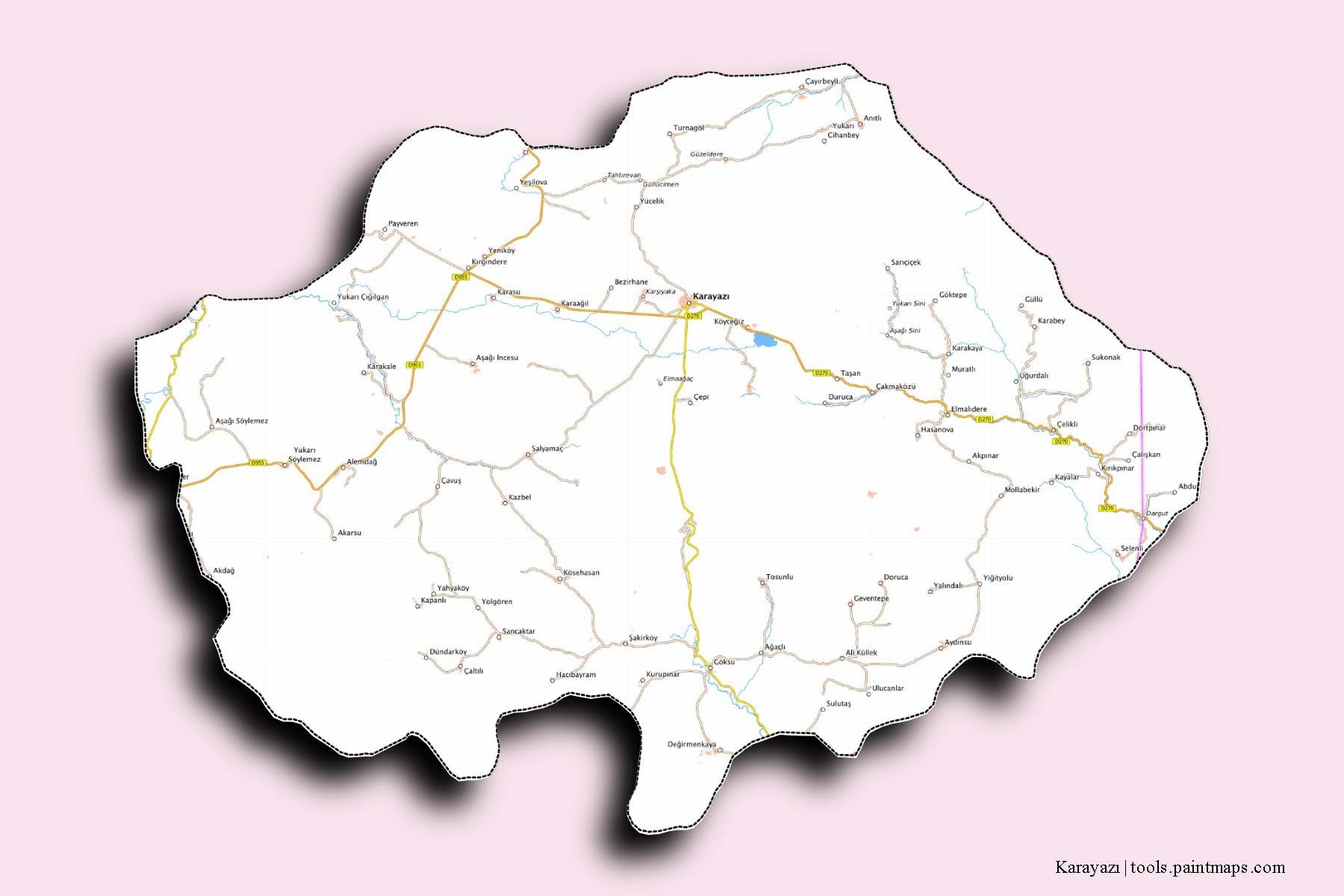 Mapa de barrios y pueblos de Karayazı con efecto de sombra 3D