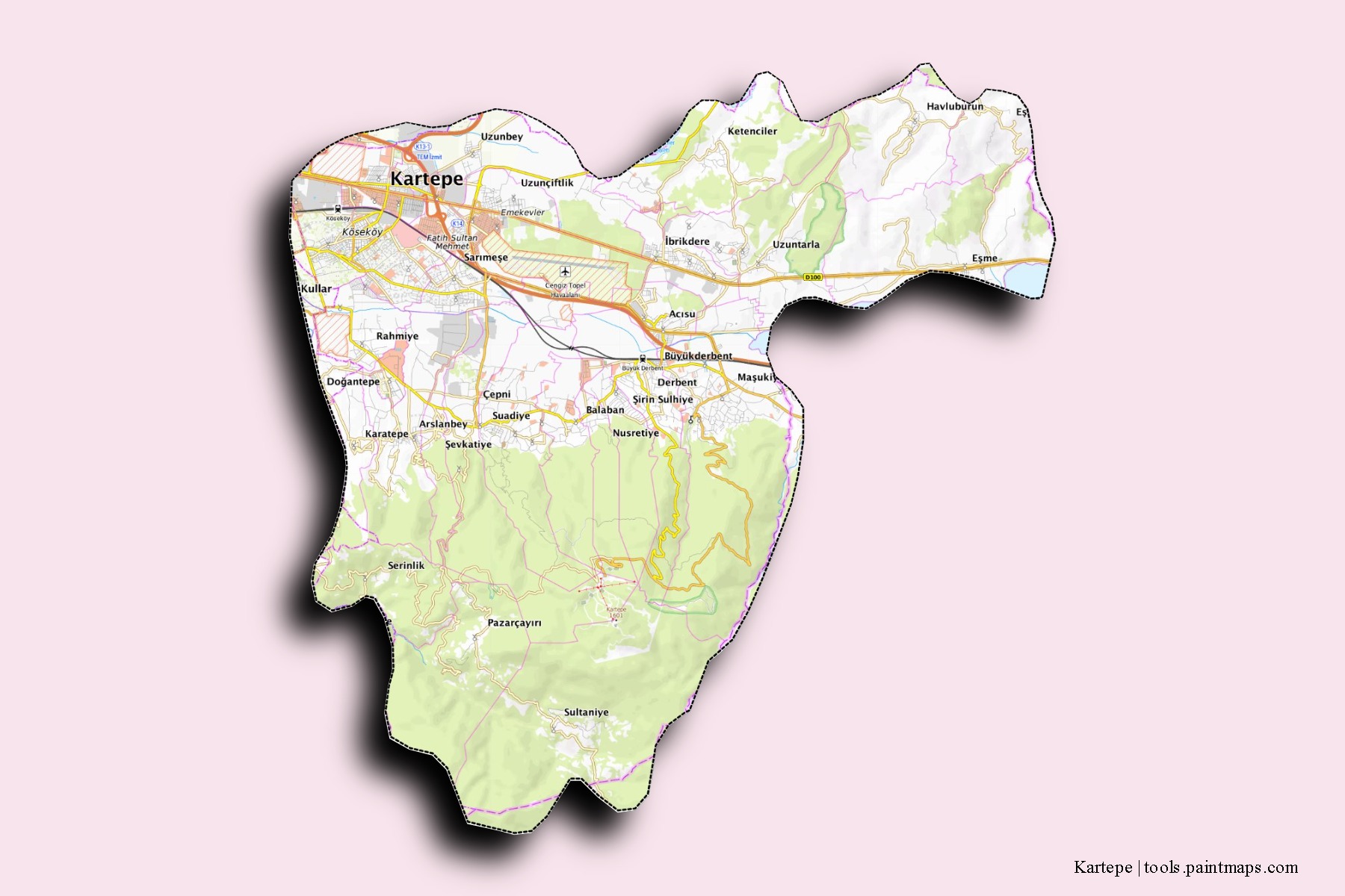 Kartepe neighborhoods and villages map with 3D shadow effect