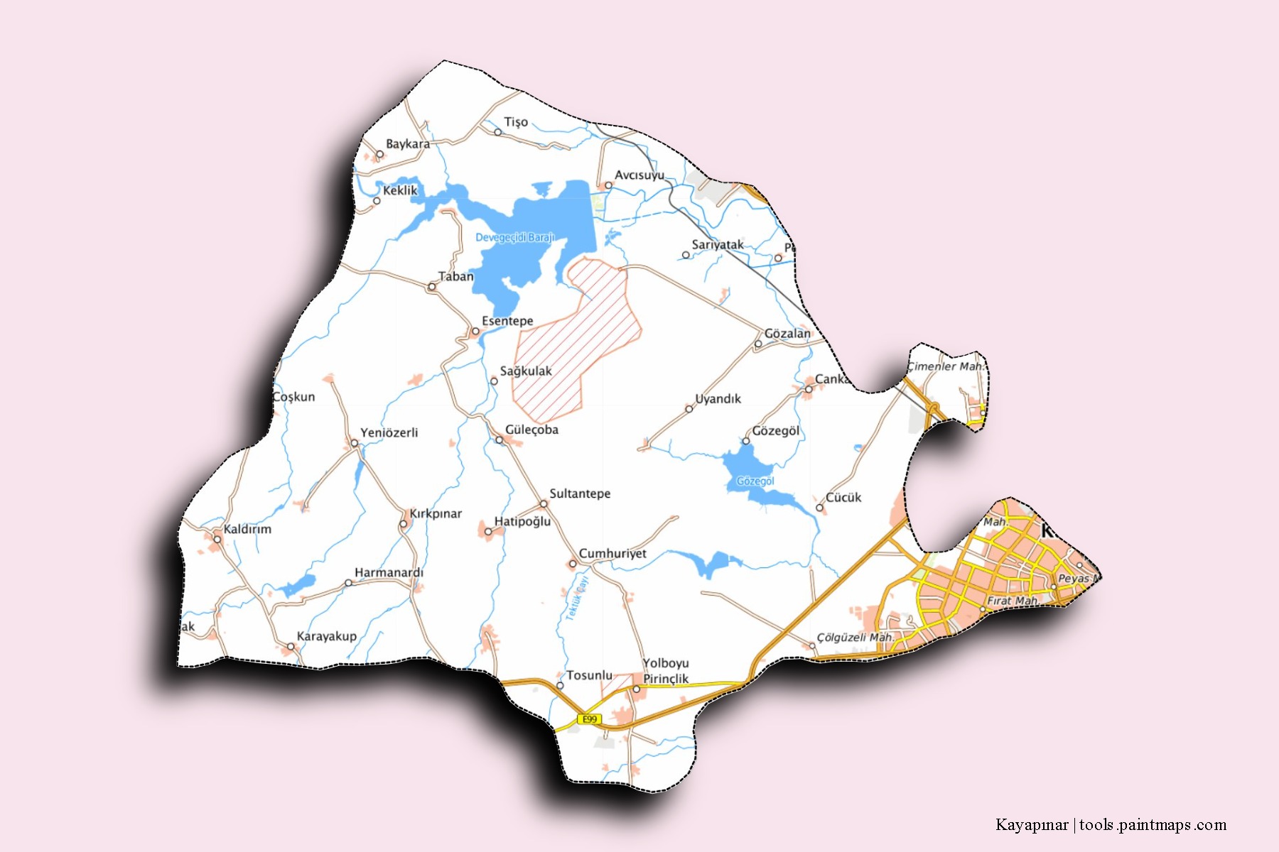 Kayapınar neighborhoods and villages map with 3D shadow effect