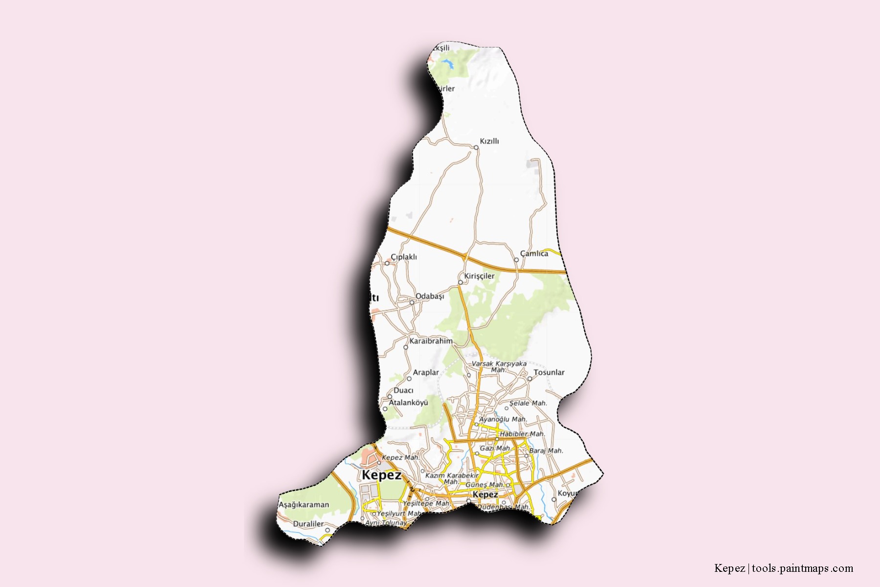 Mapa de barrios y pueblos de Kepez con efecto de sombra 3D