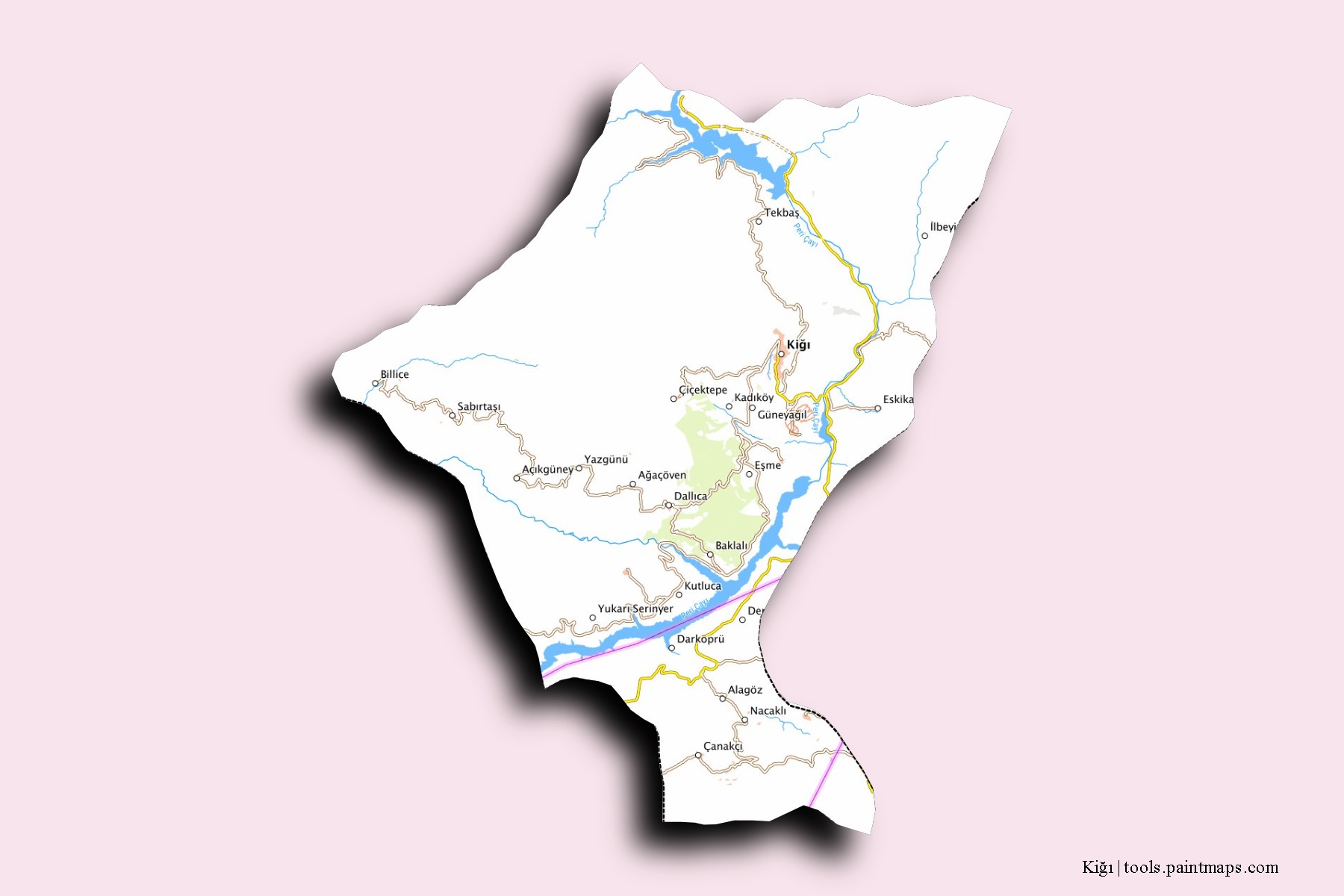 Mapa de barrios y pueblos de Kiğı con efecto de sombra 3D