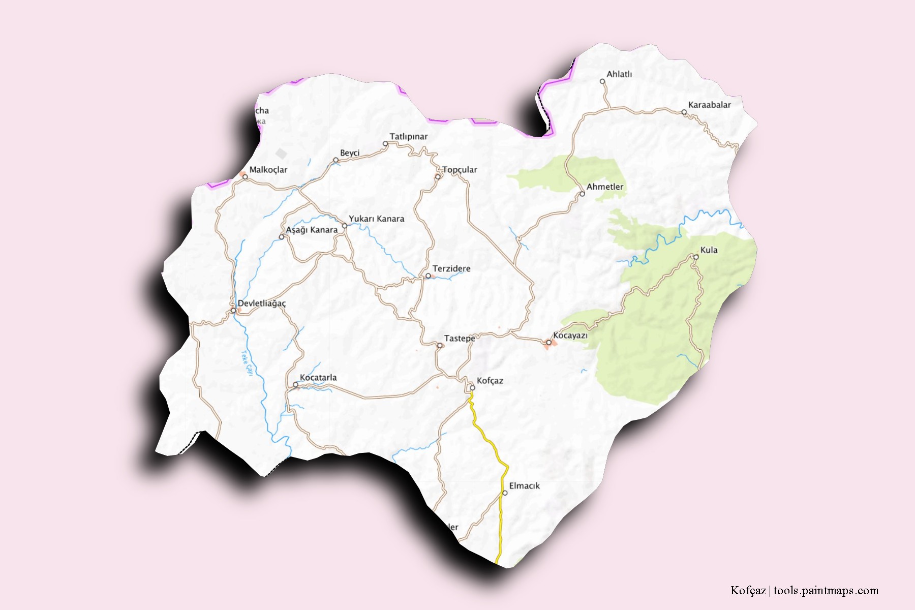 Mapa de barrios y pueblos de Kofçaz con efecto de sombra 3D