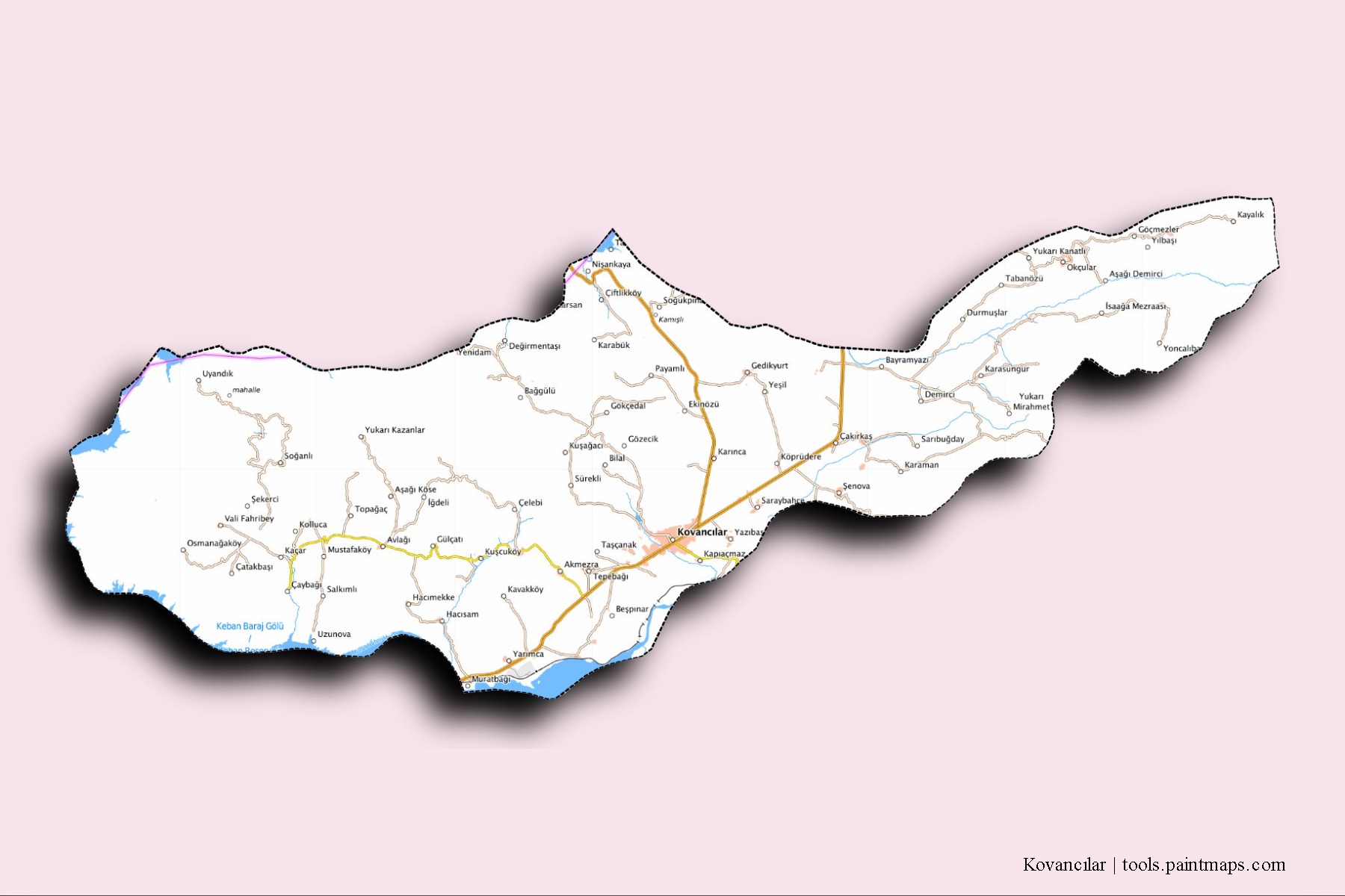 Kovancilar neighborhoods and villages map with 3D shadow effect