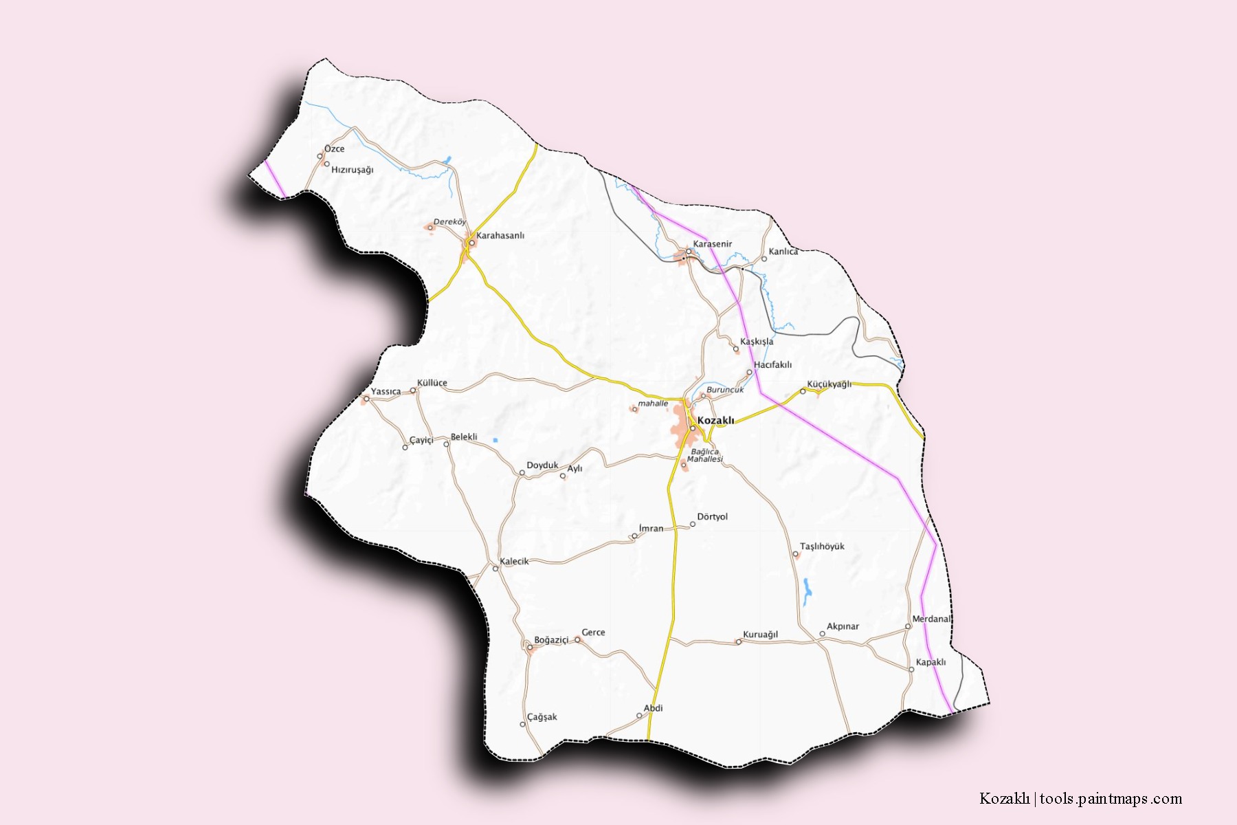 Mapa de barrios y pueblos de Kozaklı con efecto de sombra 3D