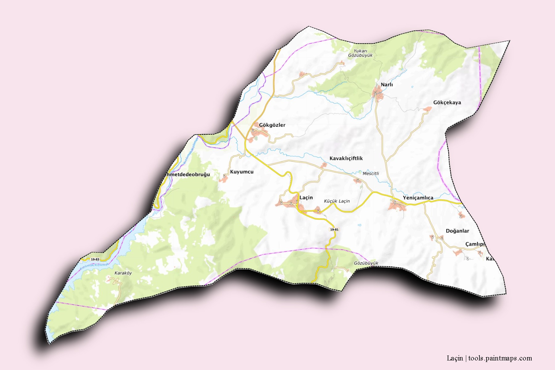 3D gölge efektli Laçin mahalleleri ve köyleri haritası