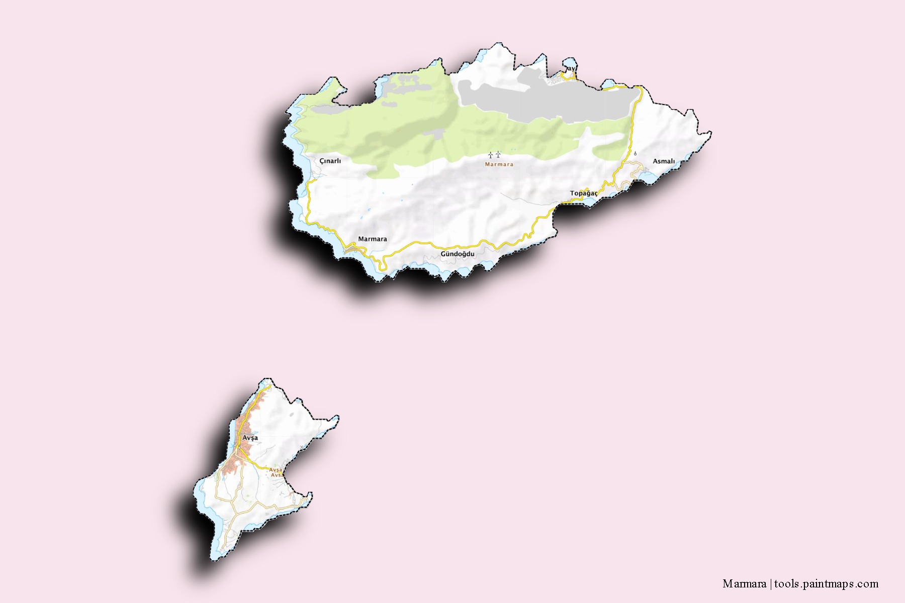 Mapa de barrios y pueblos de Marmara con efecto de sombra 3D