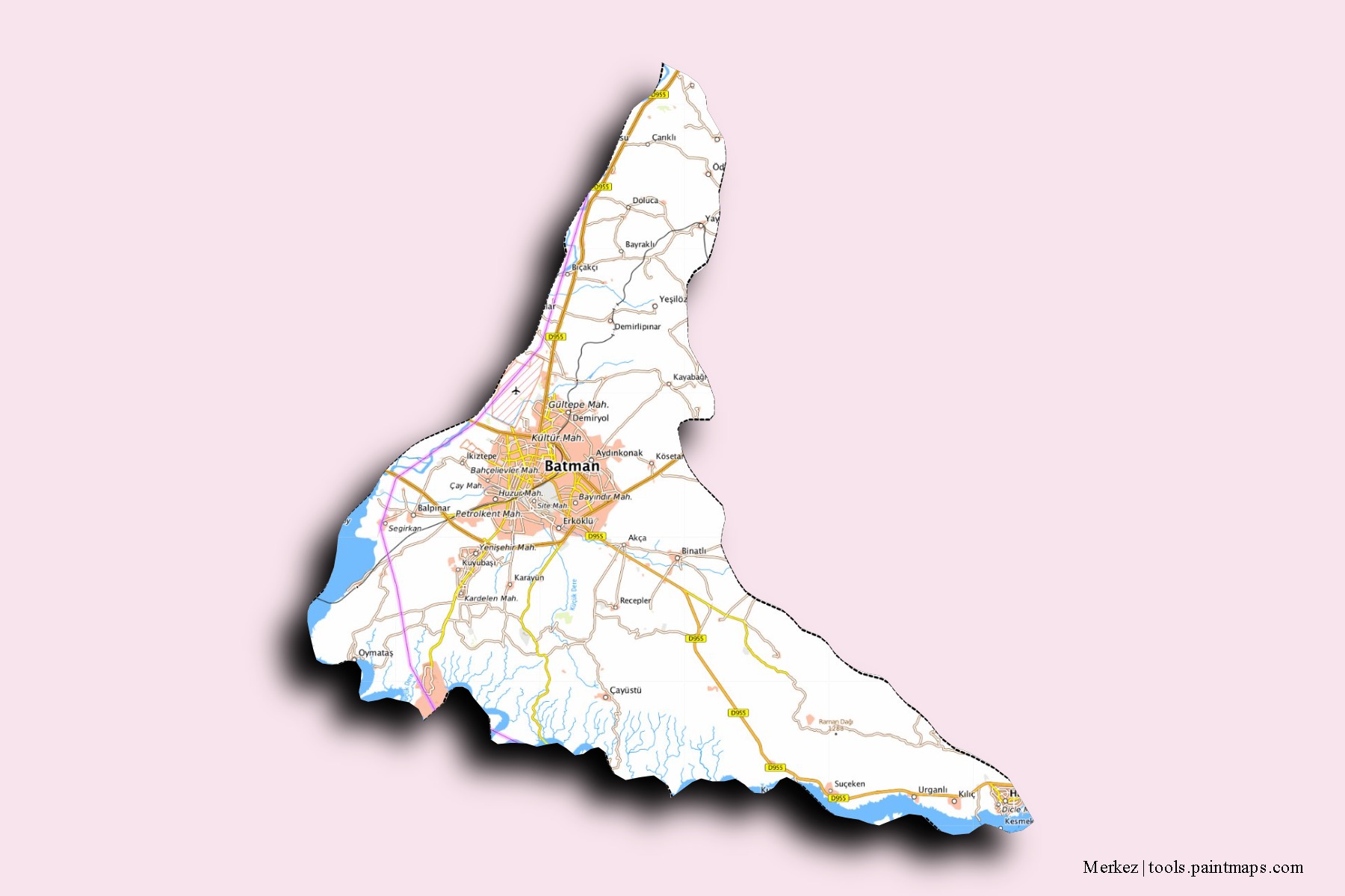 Merkez neighborhoods and villages map with 3D shadow effect