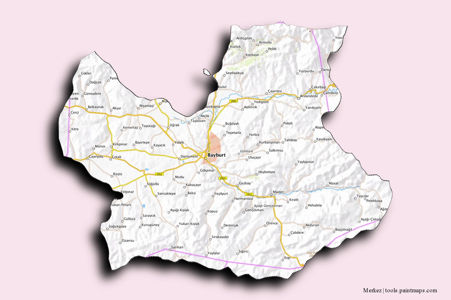 Mapa de barrios y pueblos de Merkez con efecto de sombra 3D