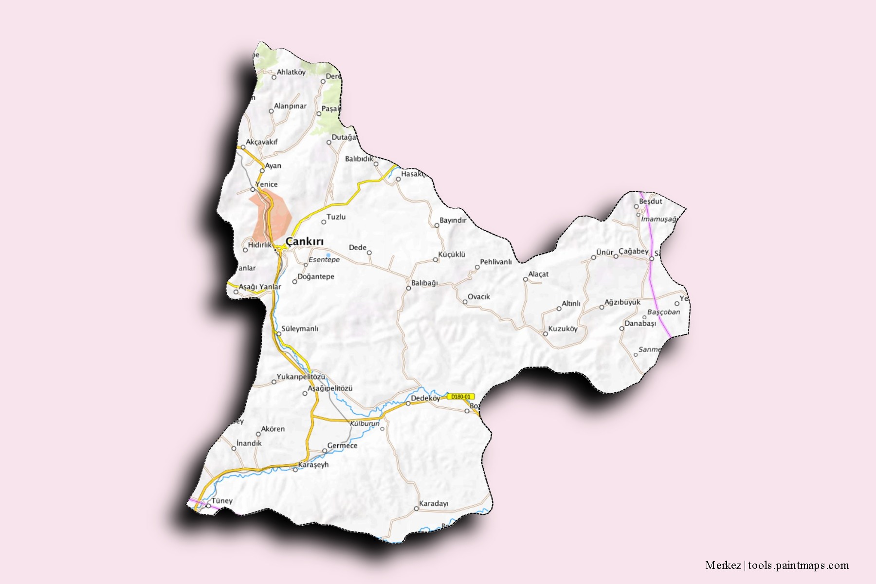 Mapa de barrios y pueblos de Merkez con efecto de sombra 3D