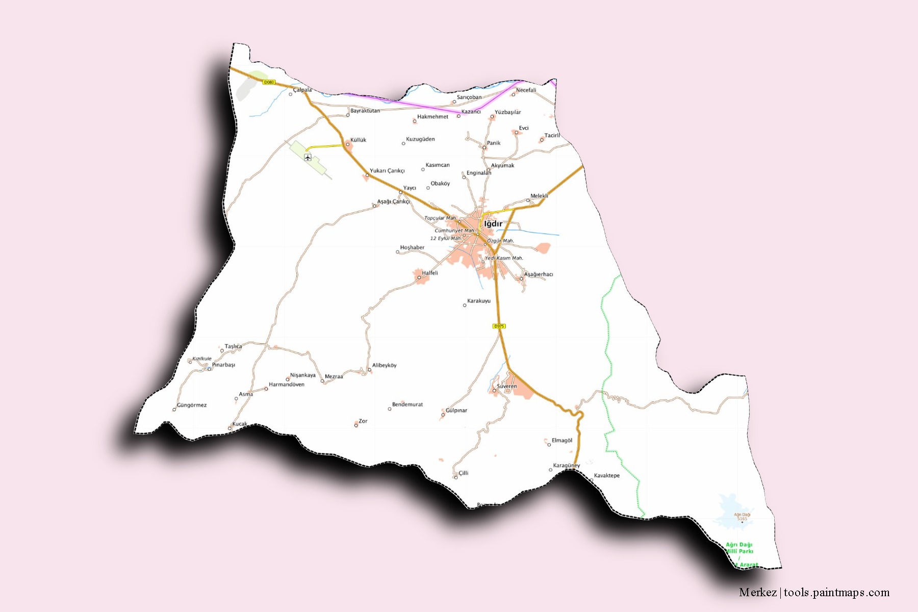 Mapa de barrios y pueblos de Merkez con efecto de sombra 3D