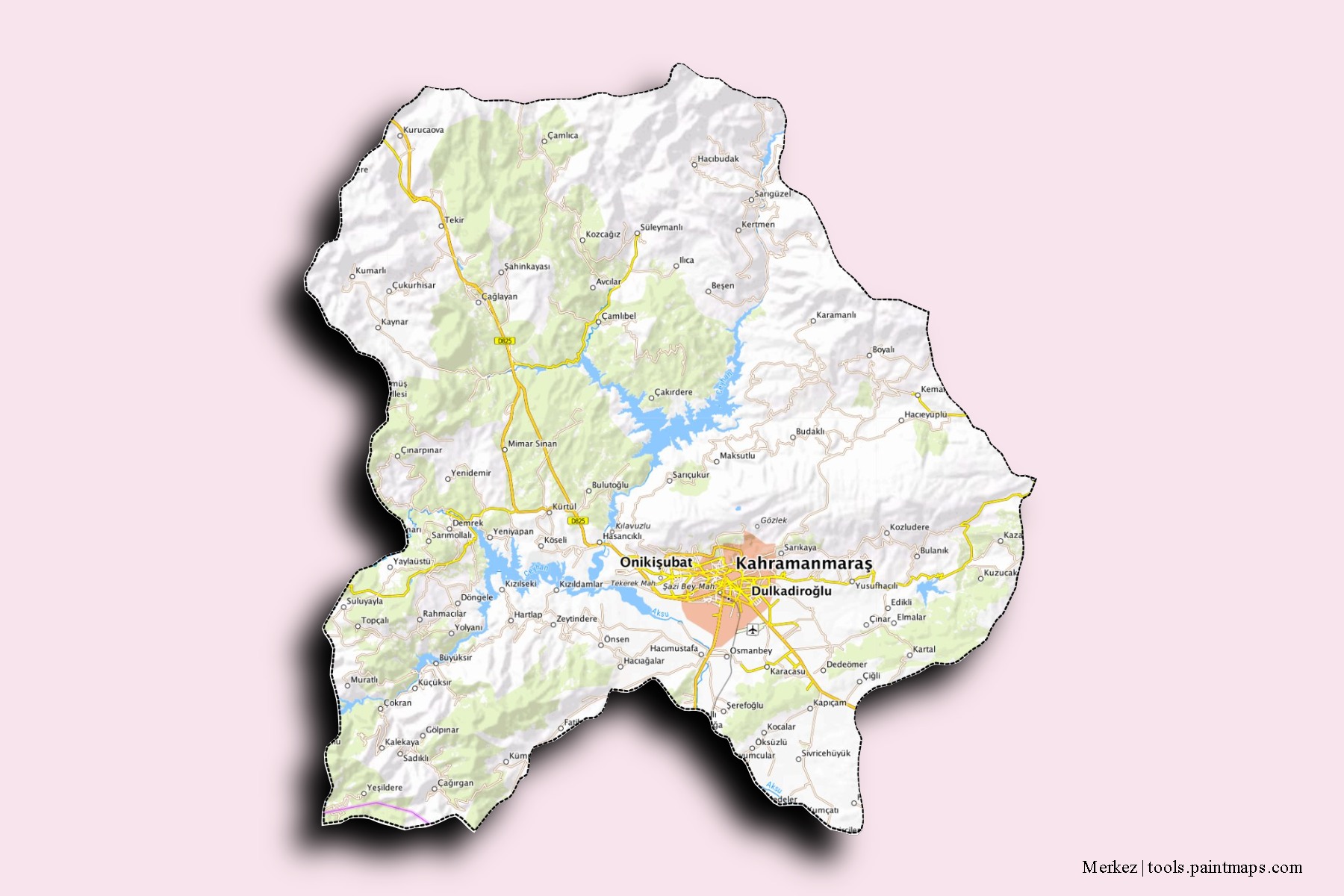 Mapa de barrios y pueblos de Merkez con efecto de sombra 3D