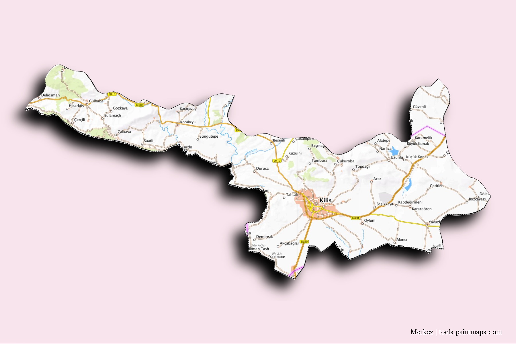 Merkez neighborhoods and villages map with 3D shadow effect