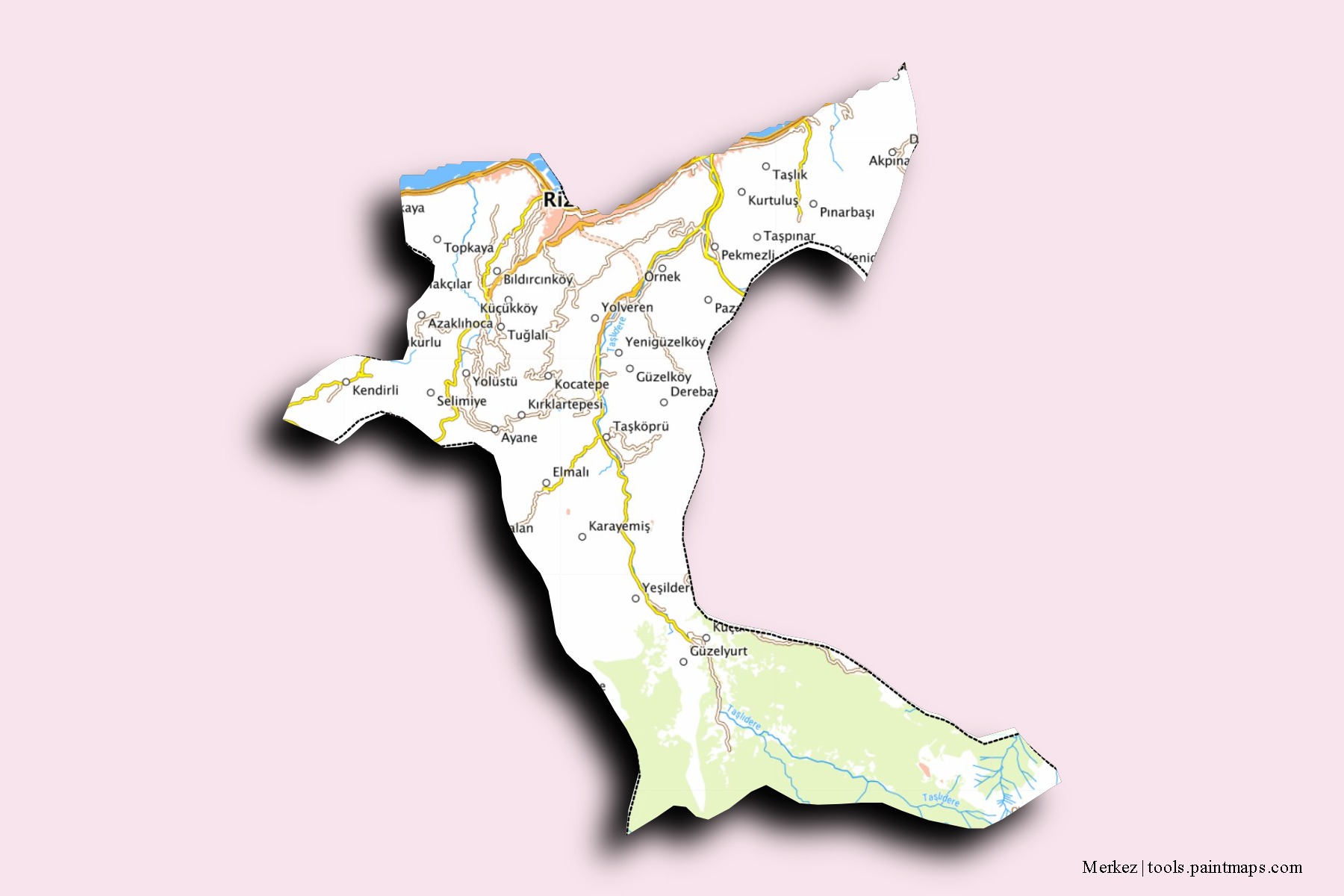 Mapa de barrios y pueblos de Merkez con efecto de sombra 3D