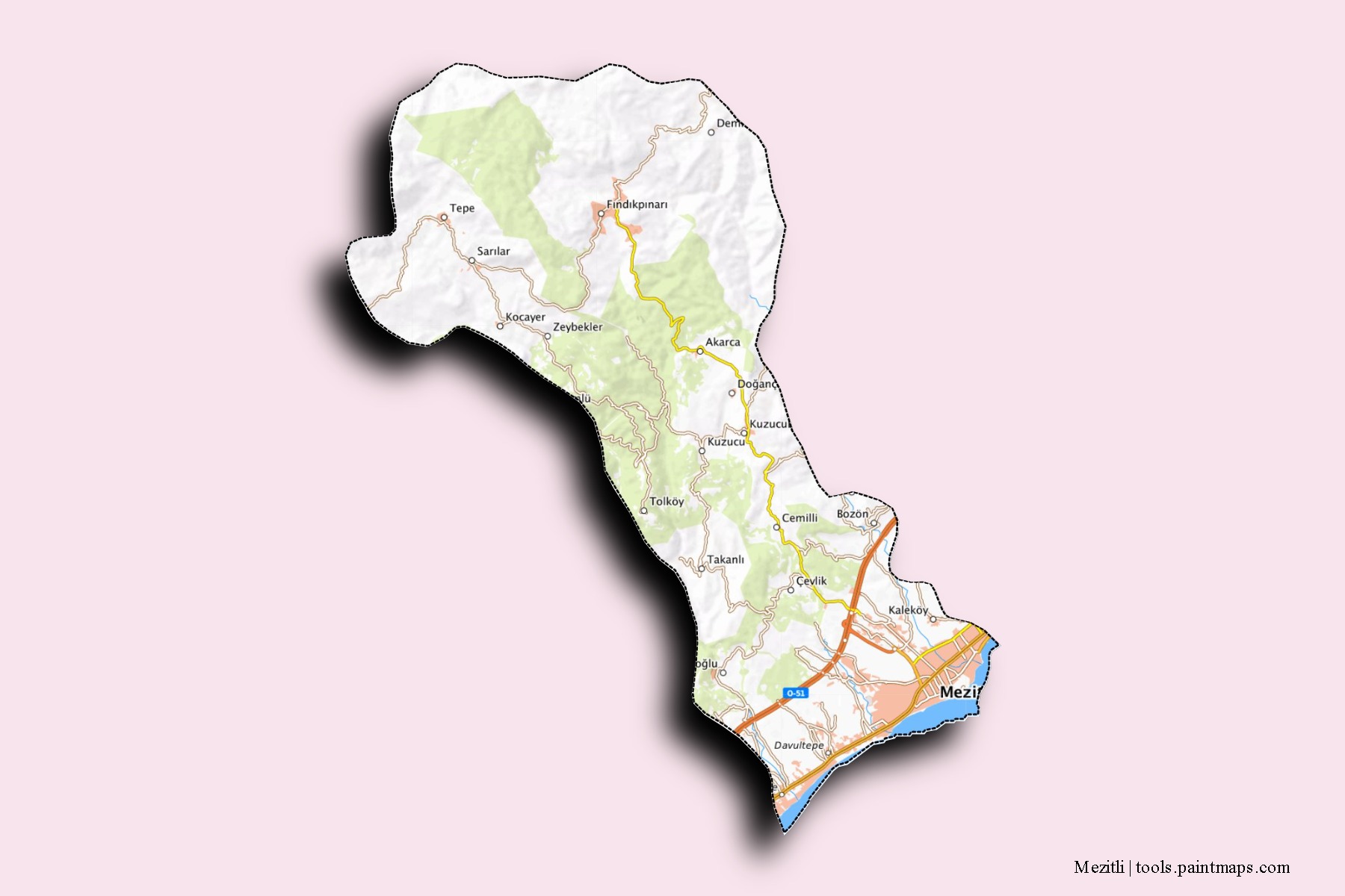 Mapa de barrios y pueblos de Mezitli con efecto de sombra 3D