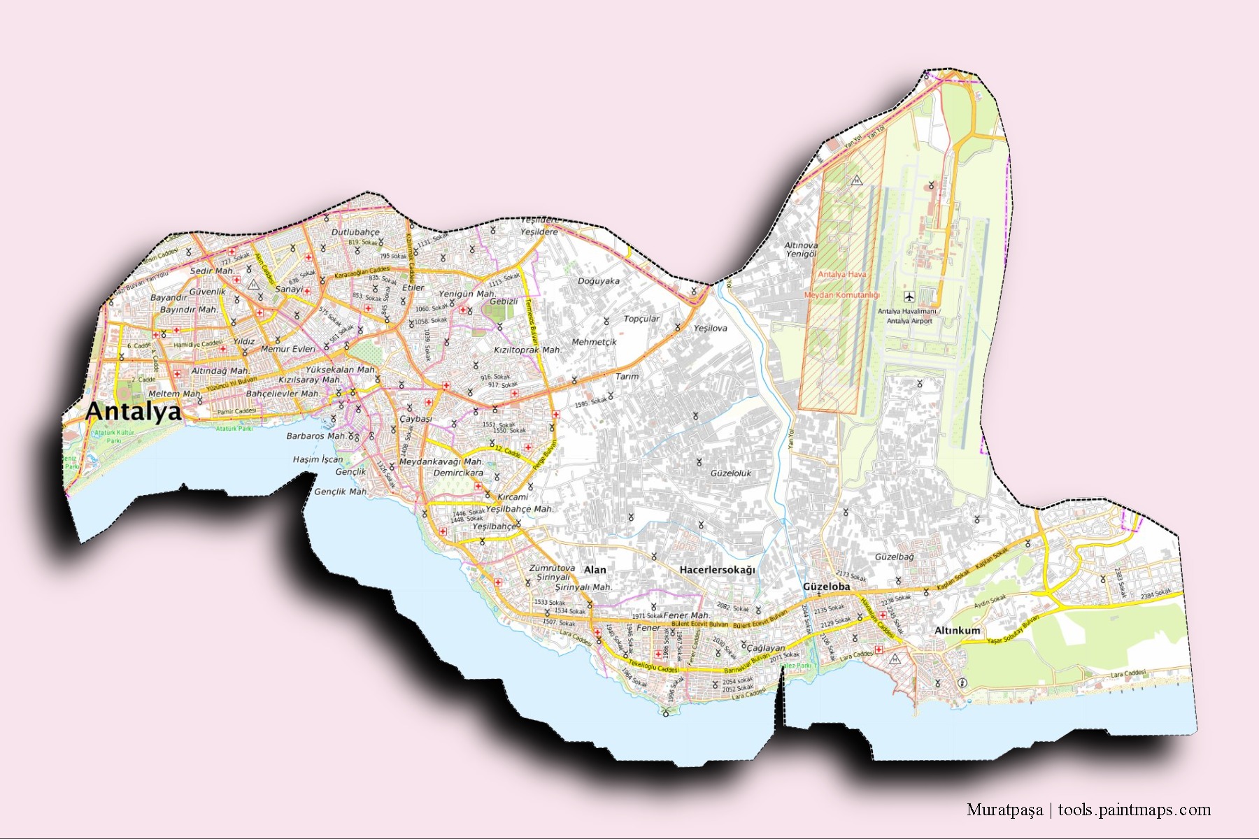 Mapa de barrios y pueblos de Muratpaşa con efecto de sombra 3D