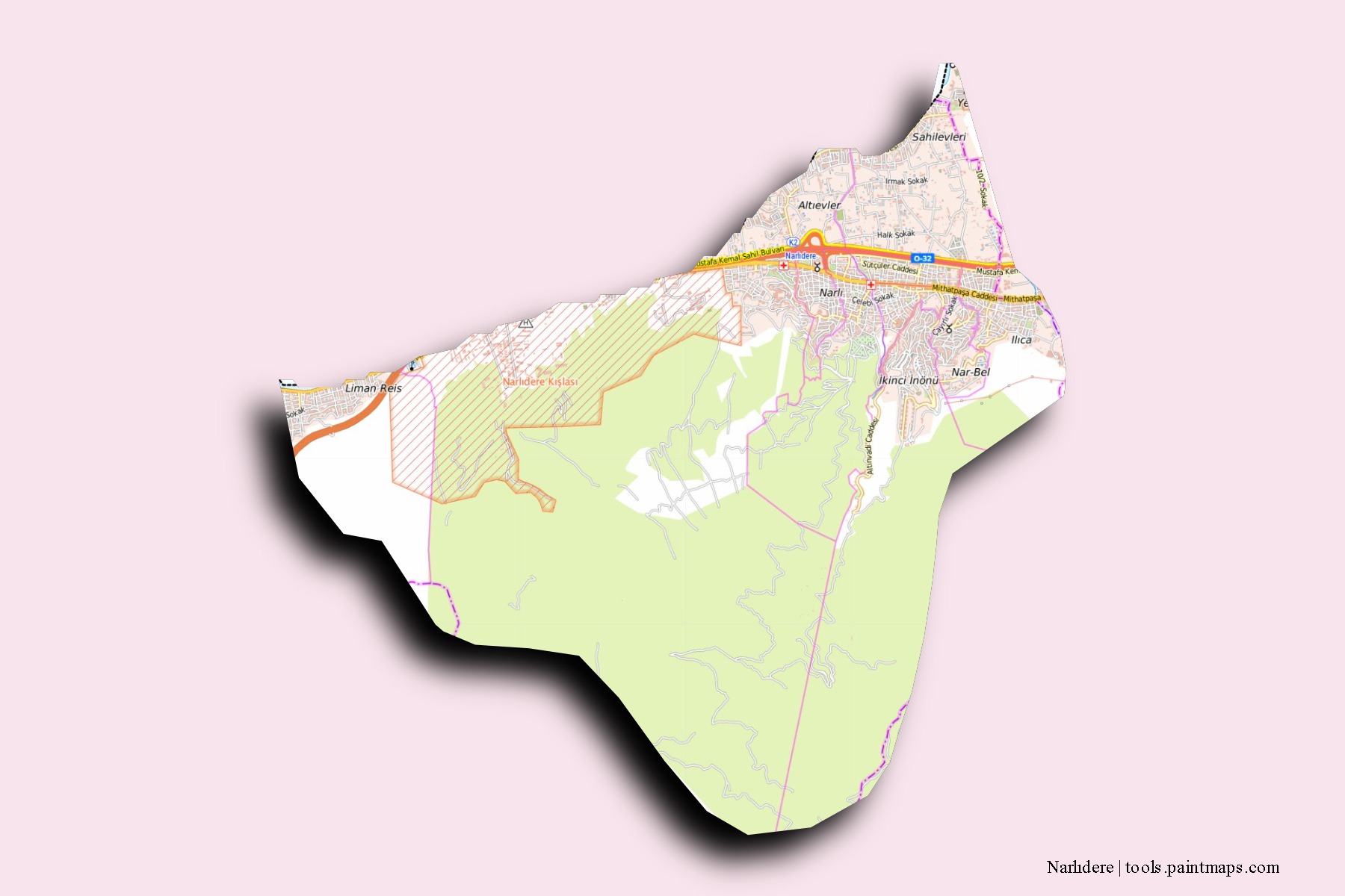 Narlidere neighborhoods and villages map with 3D shadow effect