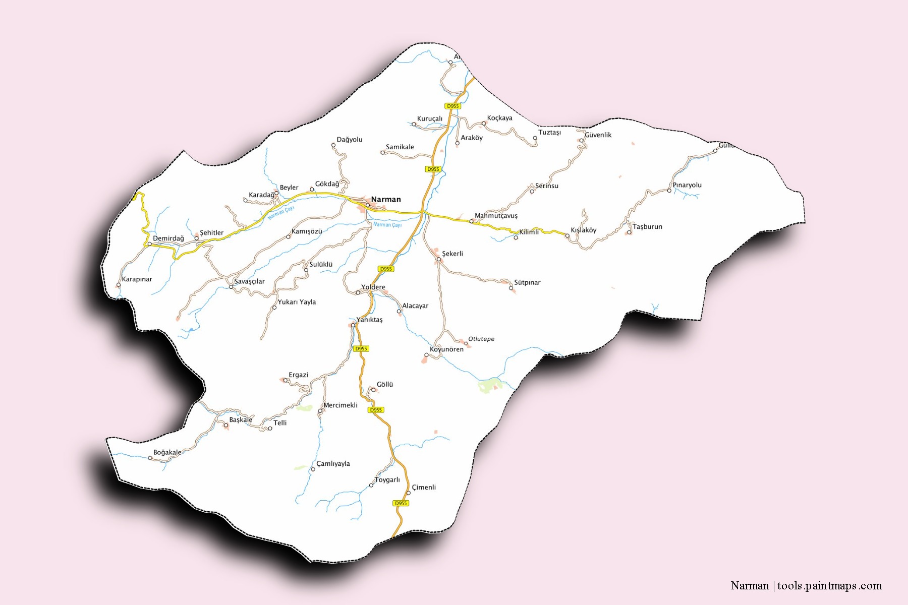 Mapa de barrios y pueblos de Narman con efecto de sombra 3D