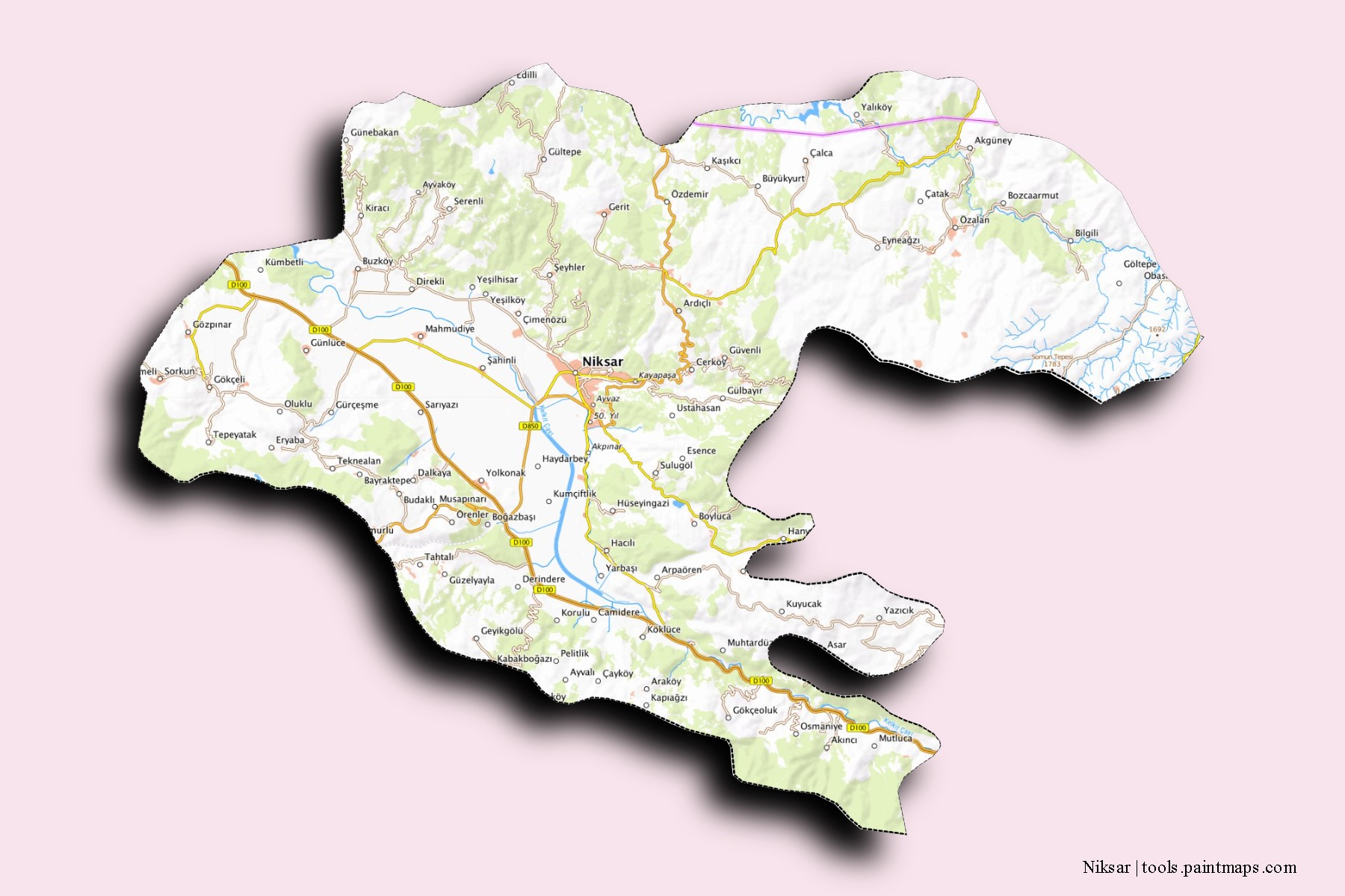 Mapa de barrios y pueblos de Niksar con efecto de sombra 3D