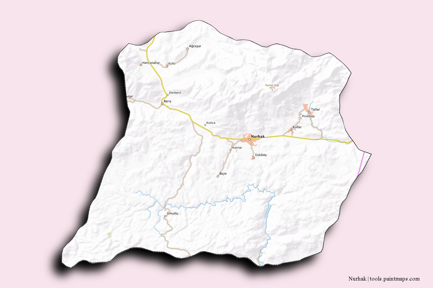 Mapa de barrios y pueblos de Nurhak con efecto de sombra 3D