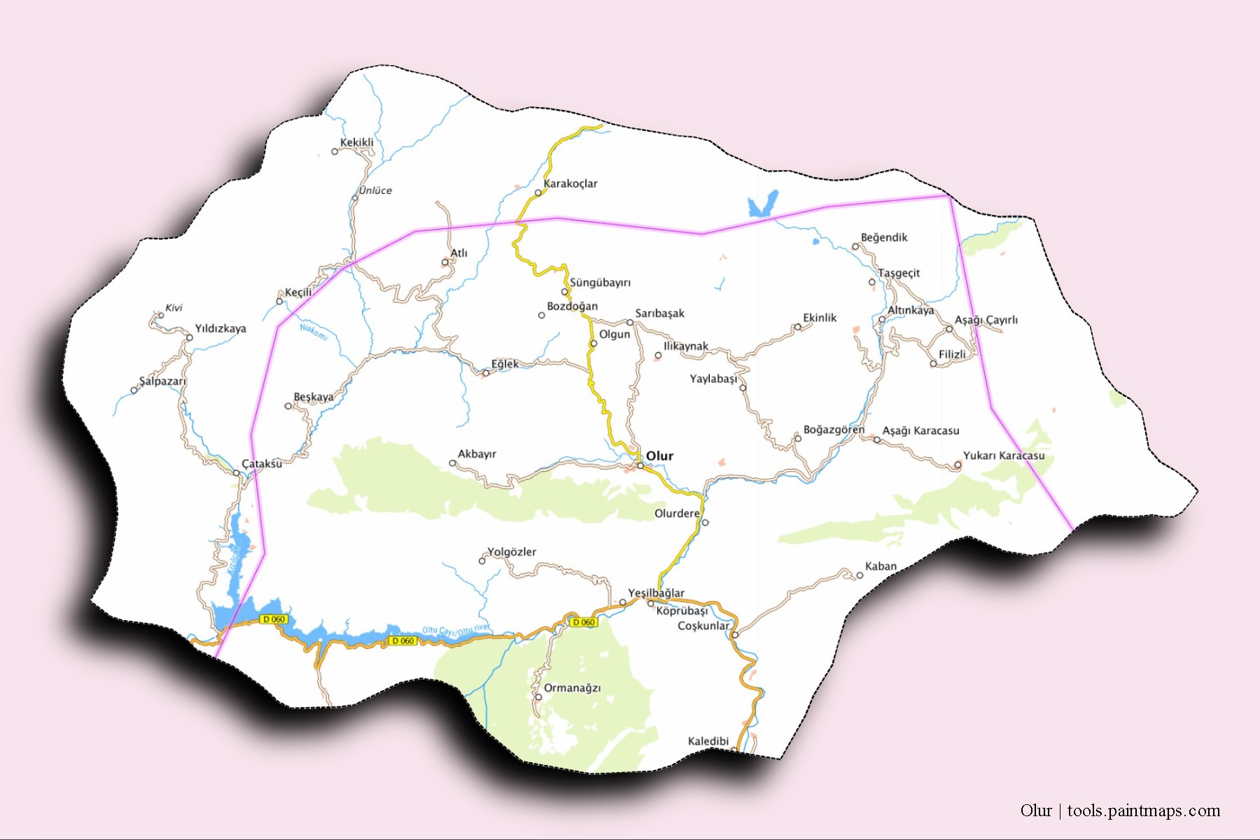 Mapa de barrios y pueblos de Olur con efecto de sombra 3D