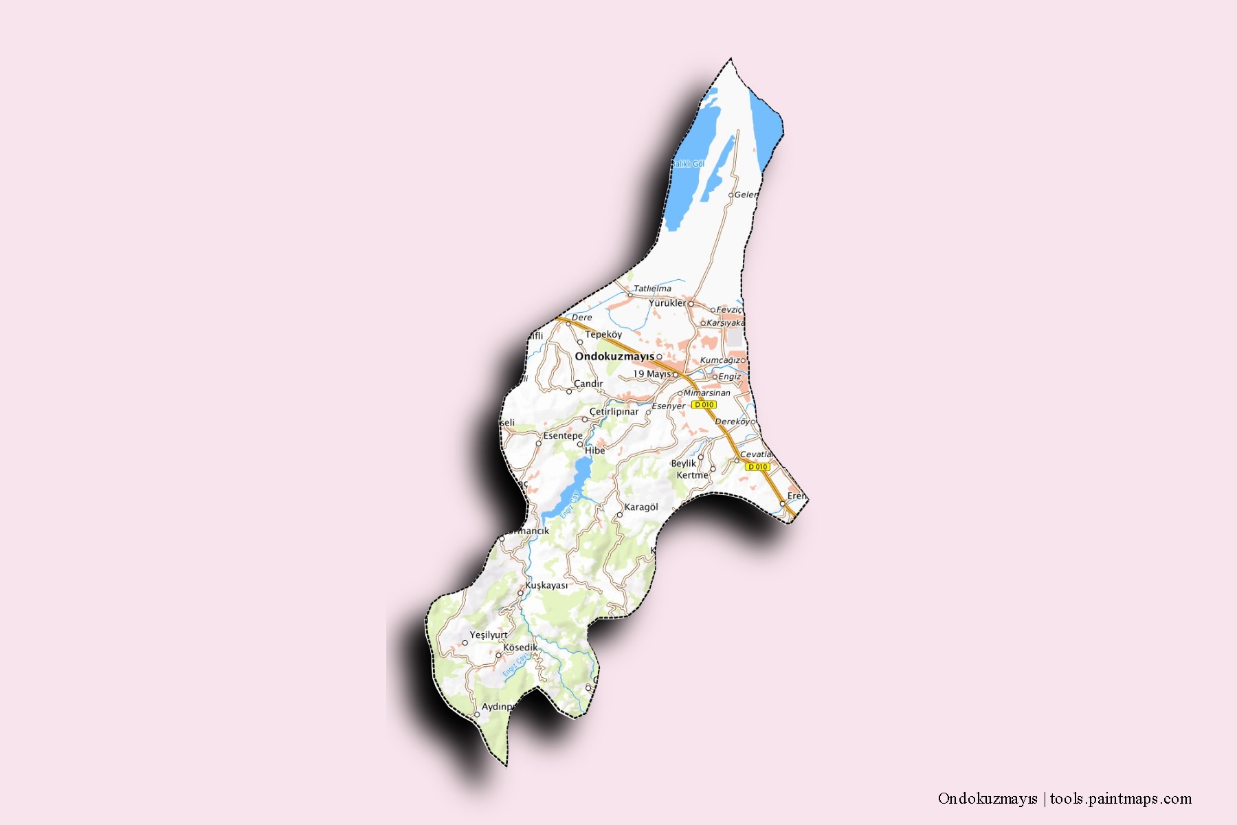 Mapa de barrios y pueblos de Ondokuzmayıs con efecto de sombra 3D