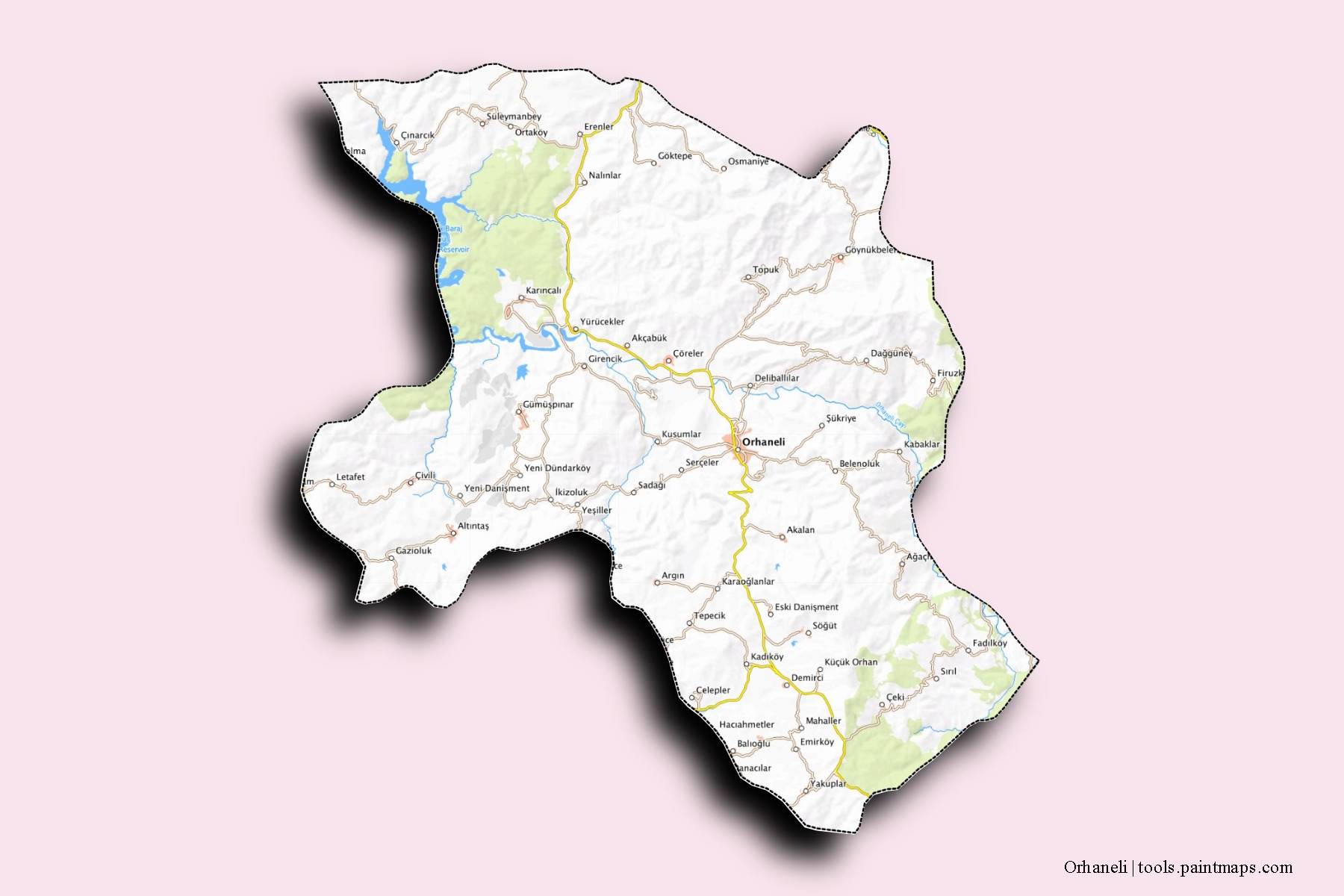 Mapa de barrios y pueblos de Orhaneli con efecto de sombra 3D