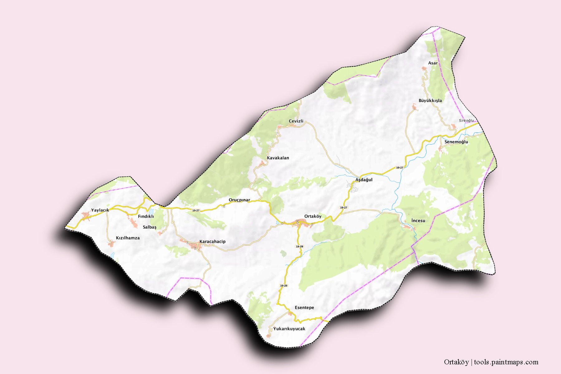 Mapa de barrios y pueblos de Ortaköy con efecto de sombra 3D