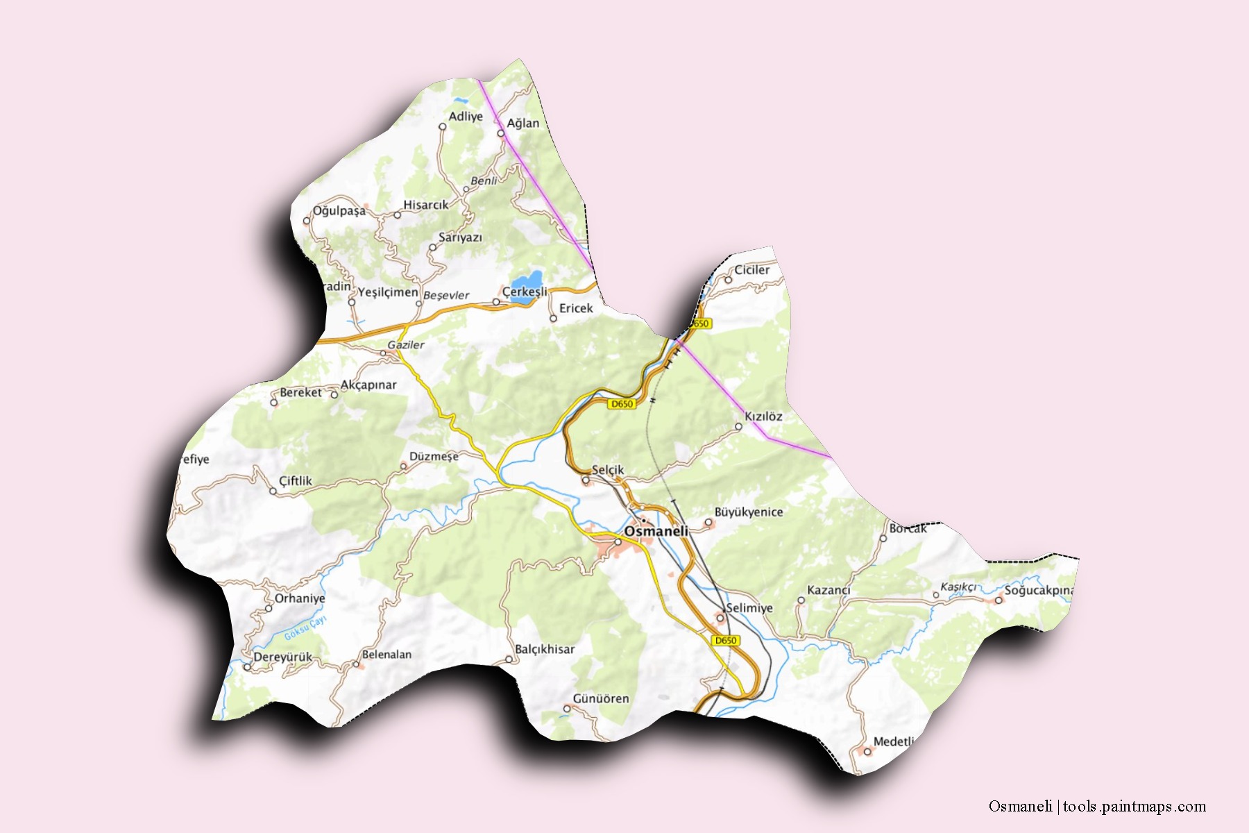 Mapa de barrios y pueblos de Osmaneli con efecto de sombra 3D