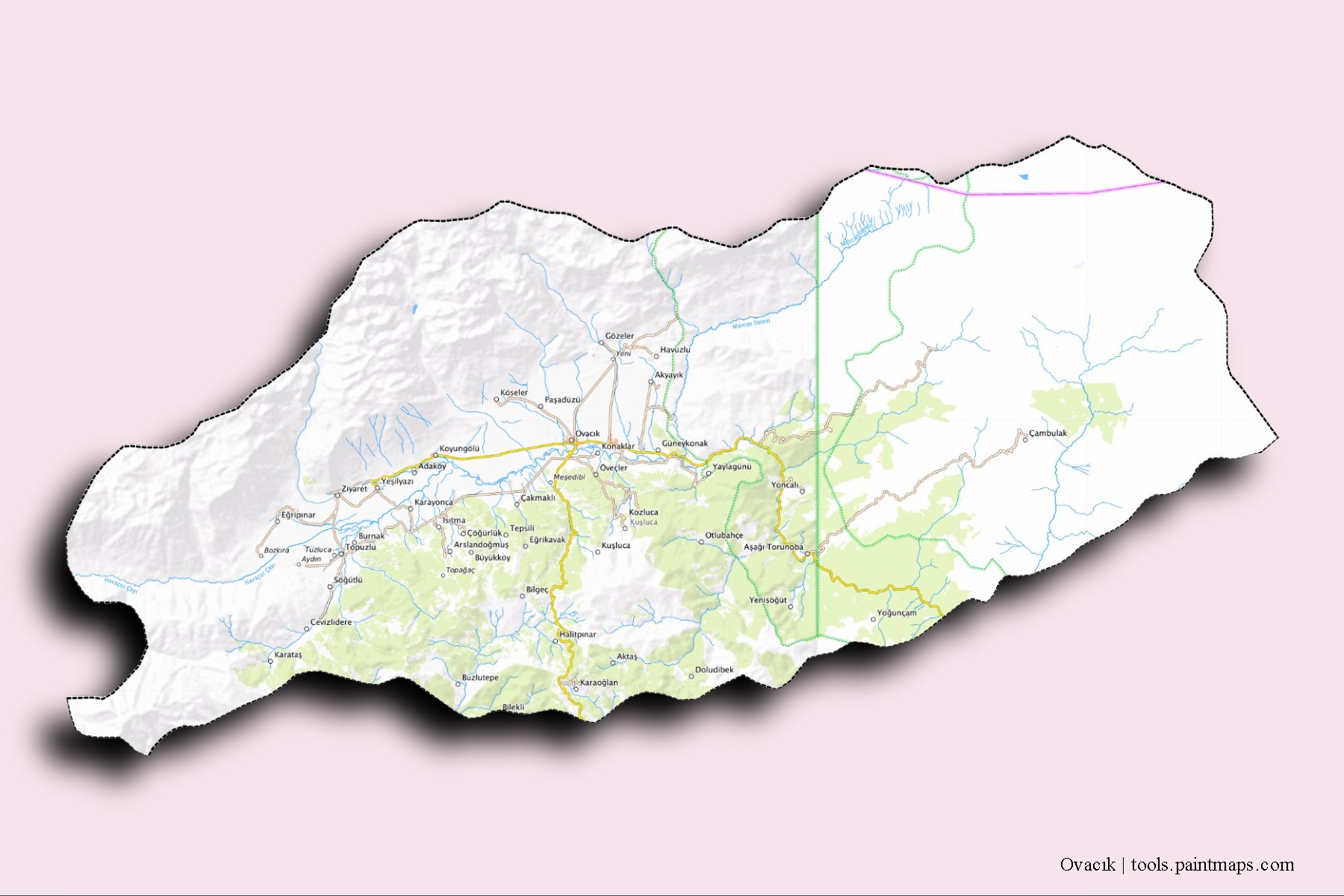 Mapa de barrios y pueblos de Ovacık con efecto de sombra 3D