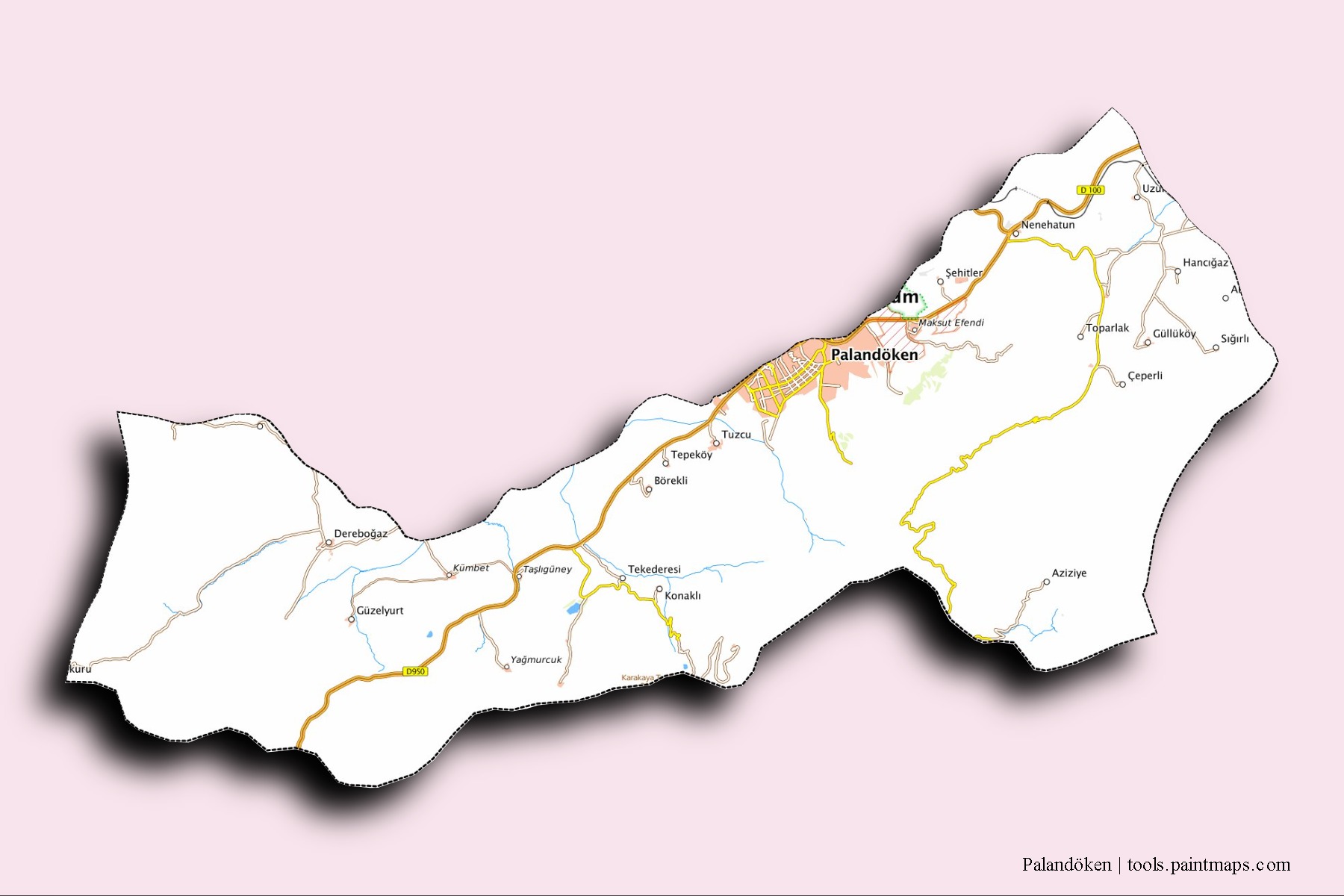 3D gölge efektli Palandöken mahalleleri ve köyleri haritası