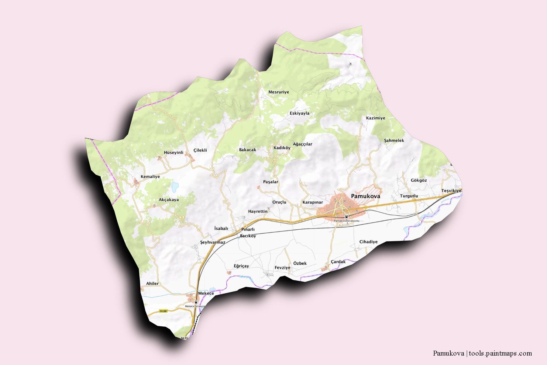 Mapa de barrios y pueblos de Pamukova con efecto de sombra 3D