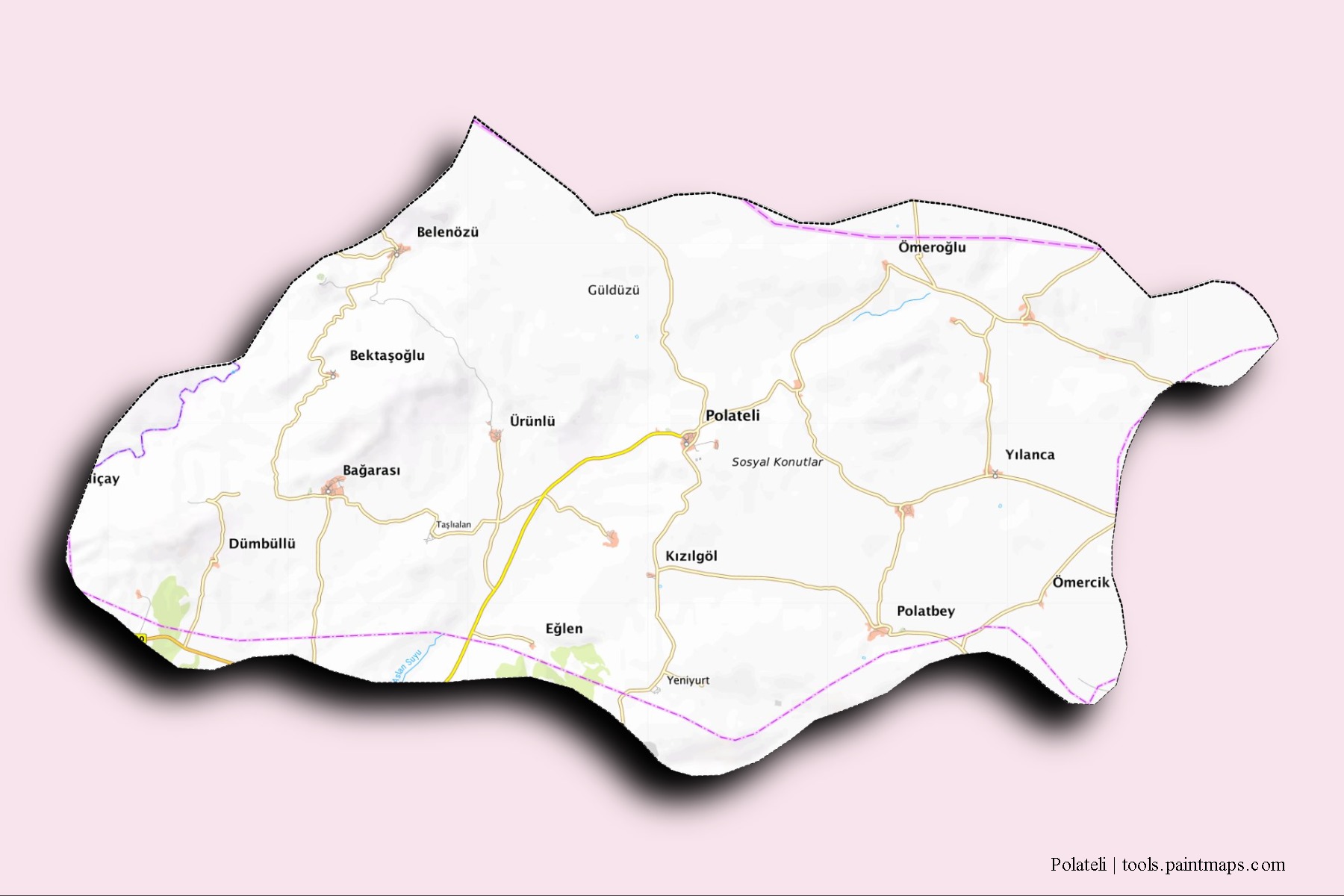 Polateli neighborhoods and villages map with 3D shadow effect