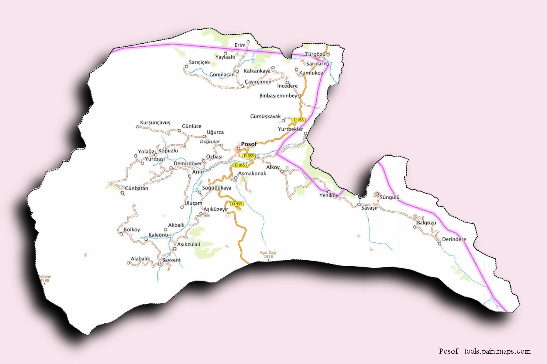 Posof neighborhoods and villages map with 3D shadow effect