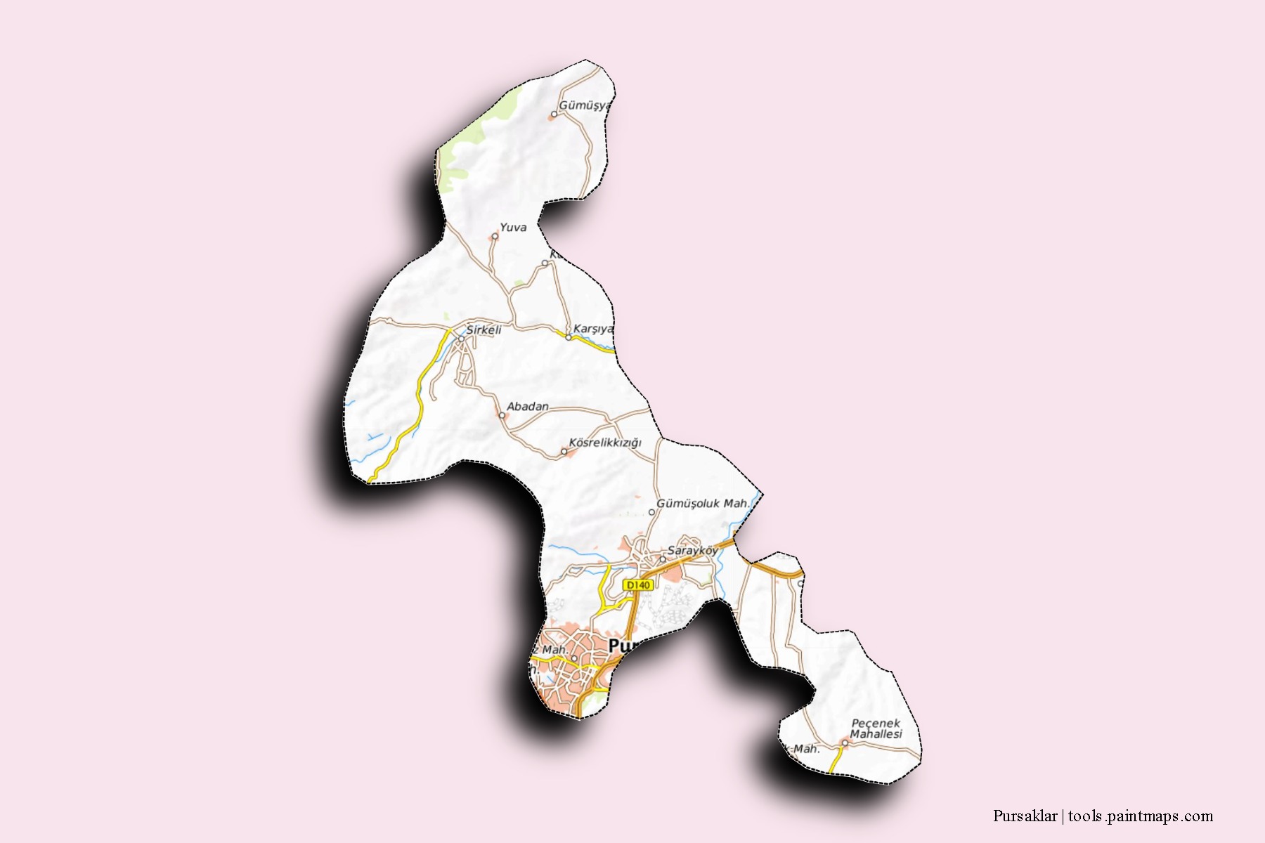 Mapa de barrios y pueblos de Pursaklar con efecto de sombra 3D