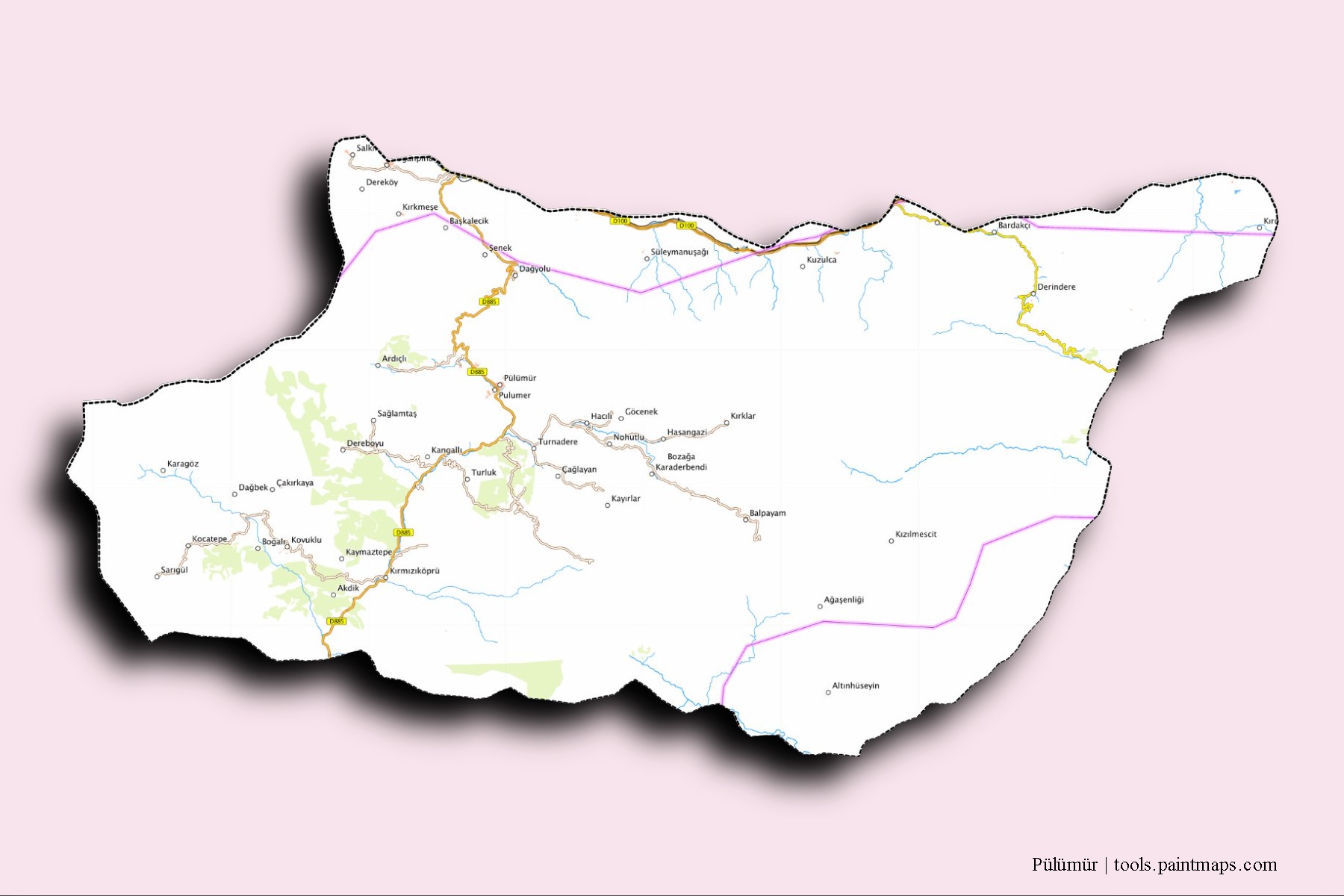 3D gölge efektli Pülümür mahalleleri ve köyleri haritası