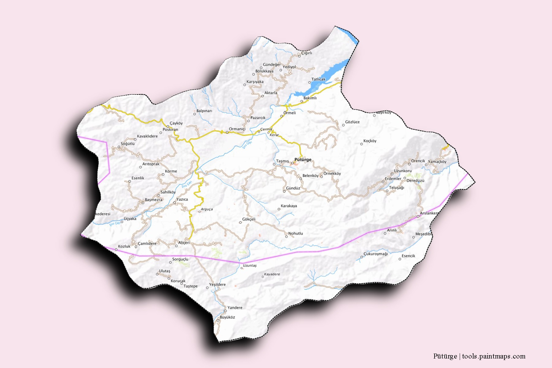 3D gölge efektli Pütürge mahalleleri ve köyleri haritası