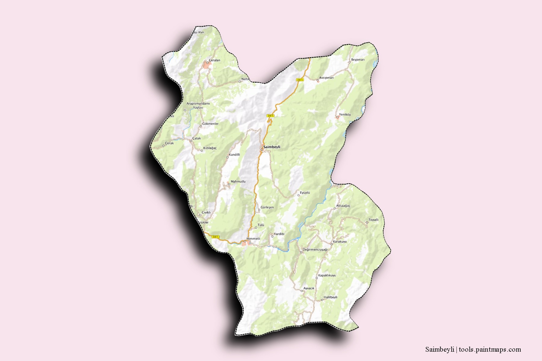 Mapa de barrios y pueblos de Saimbeyli con efecto de sombra 3D