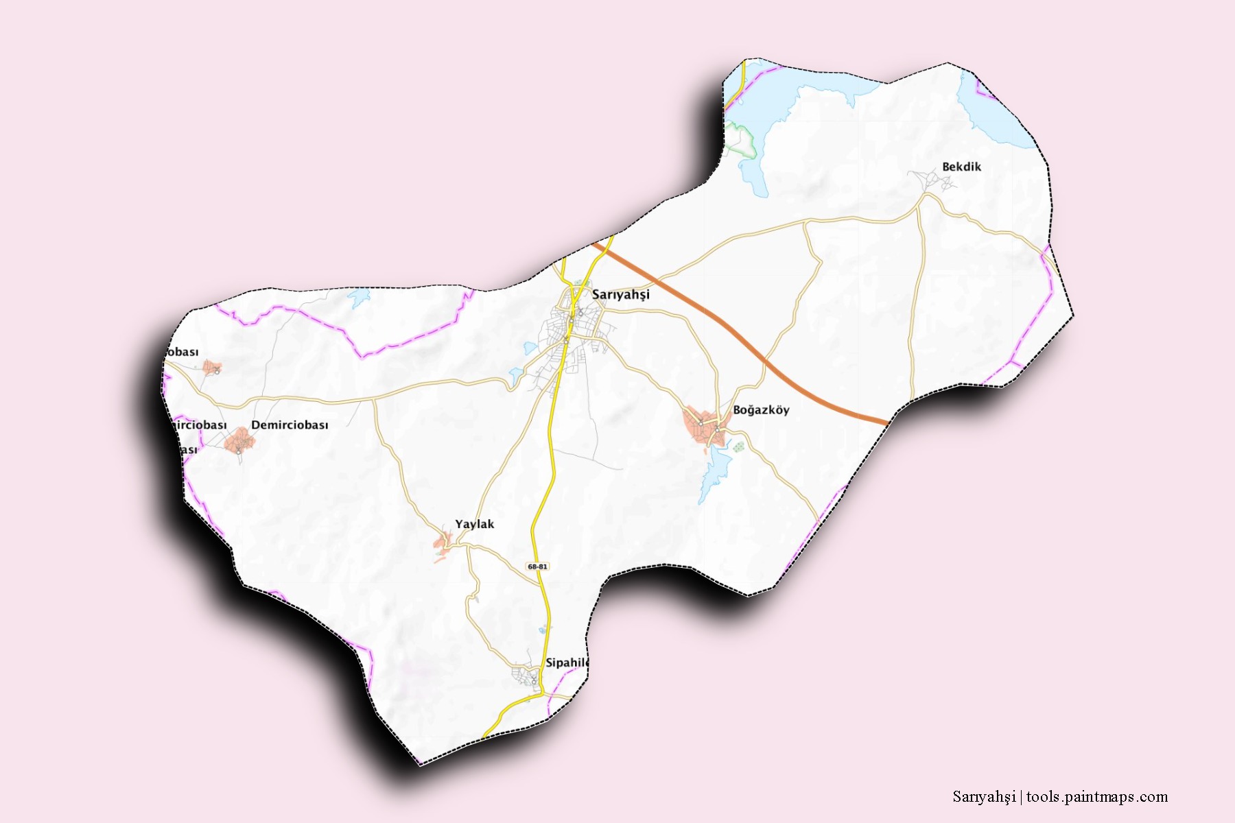 Sarıyahşi neighborhoods and villages map with 3D shadow effect