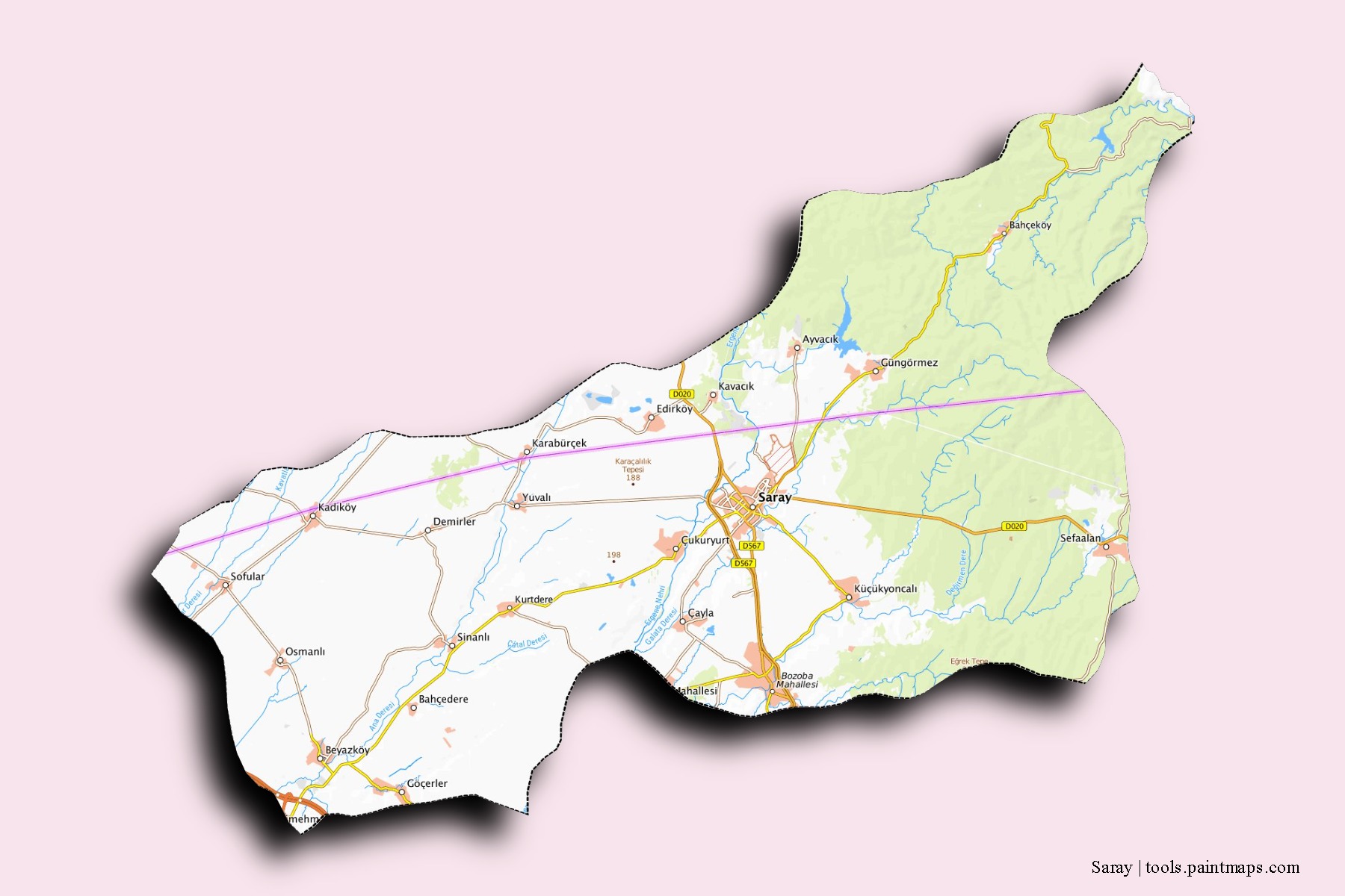 Saray neighborhoods and villages map with 3D shadow effect