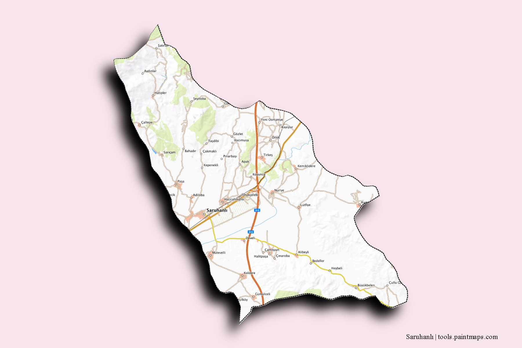 Mapa de barrios y pueblos de Saruhanlı con efecto de sombra 3D