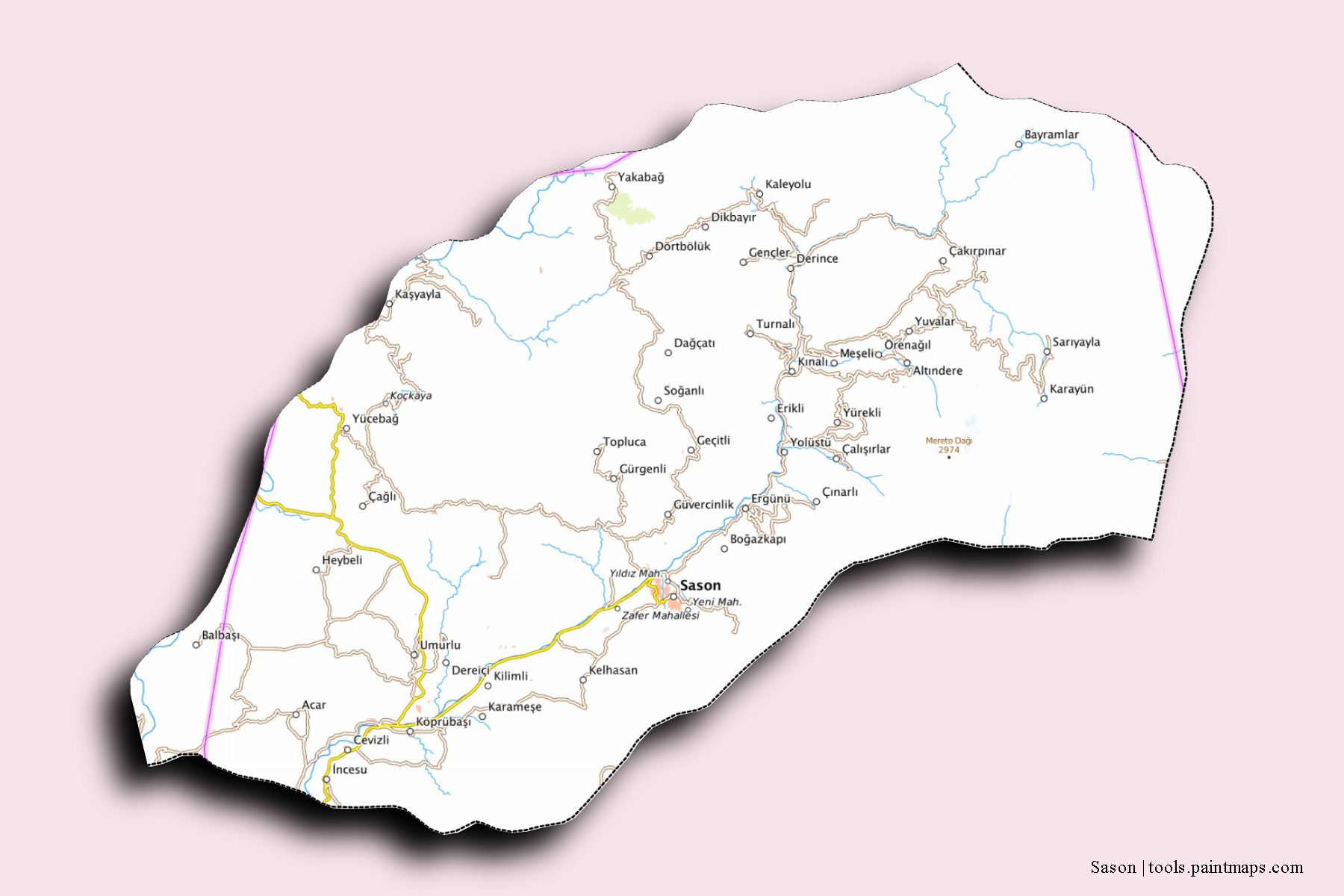 Mapa de barrios y pueblos de Sason con efecto de sombra 3D