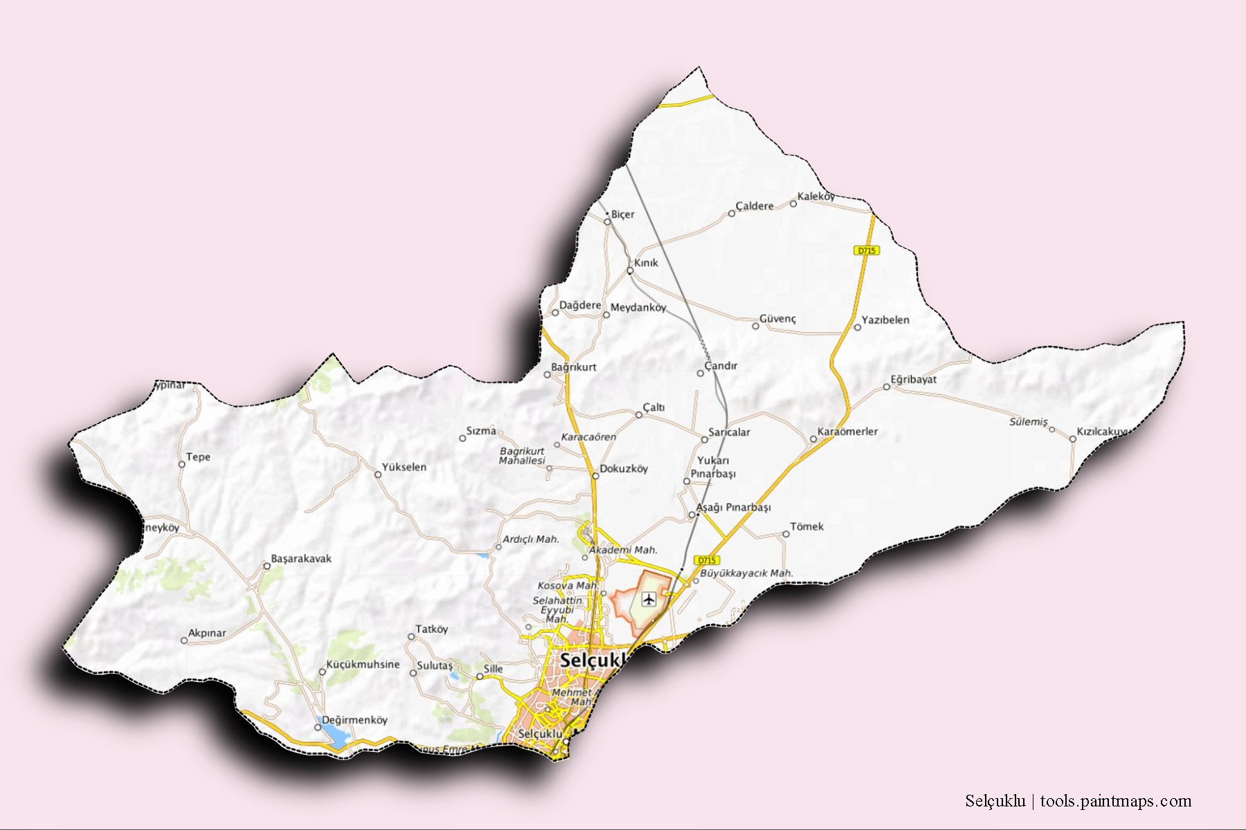 Mapa de barrios y pueblos de Selçuklu con efecto de sombra 3D