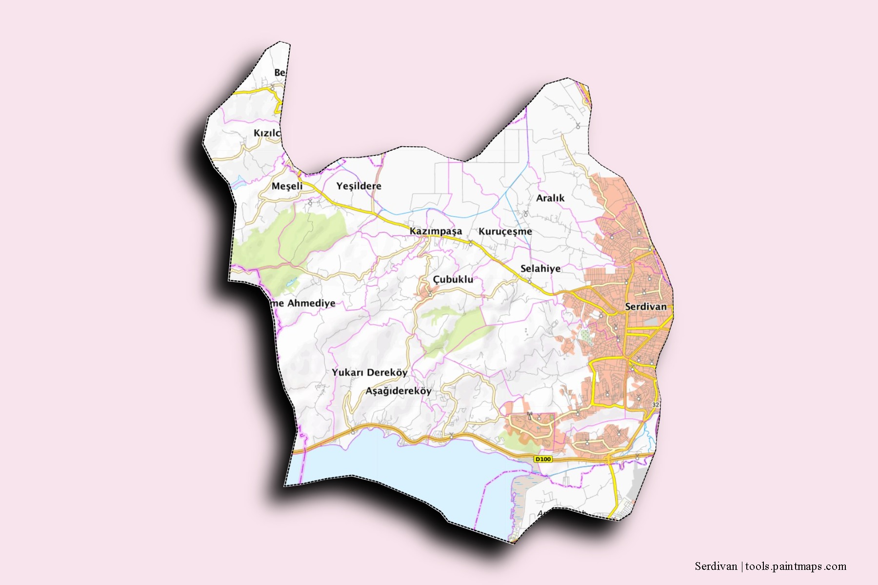 Serdivan neighborhoods and villages map with 3D shadow effect