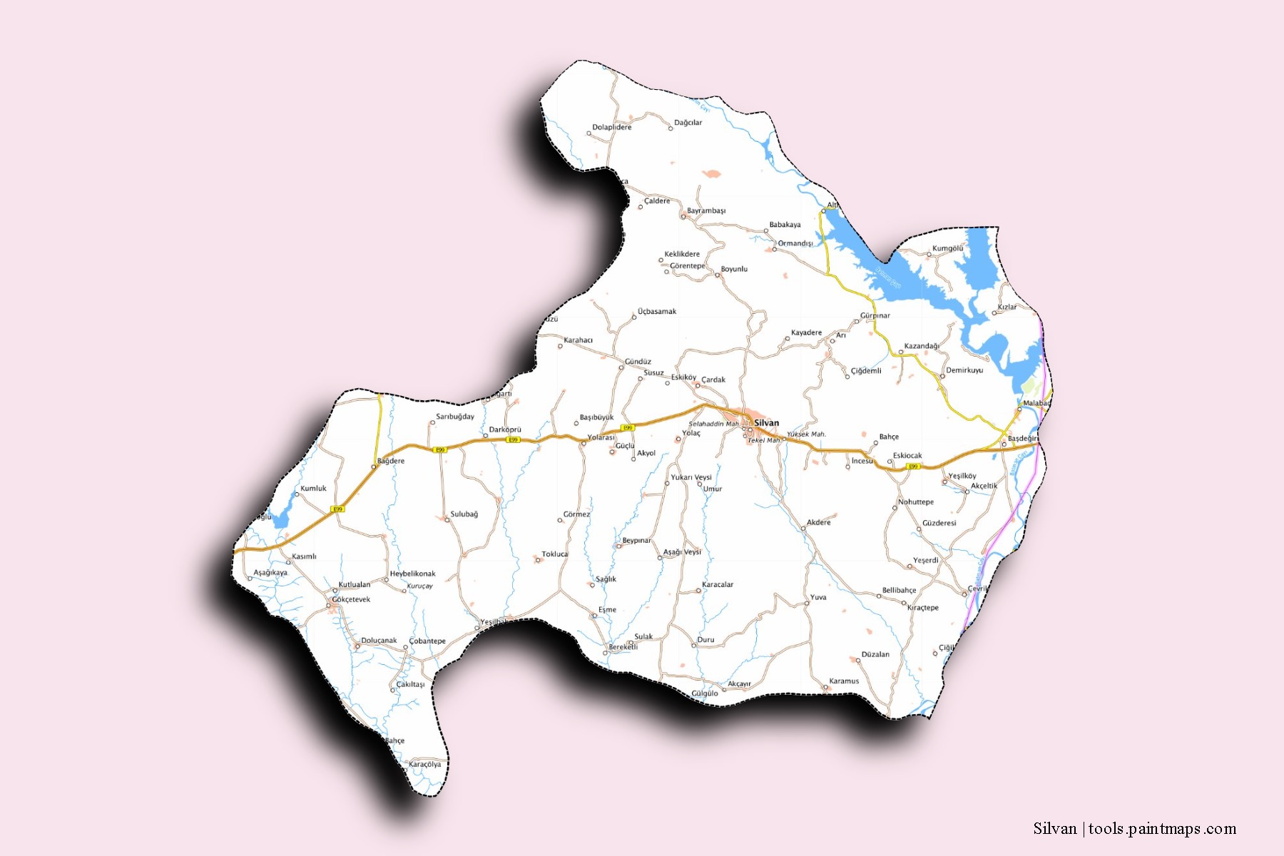 Mapa de barrios y pueblos de Silvan con efecto de sombra 3D